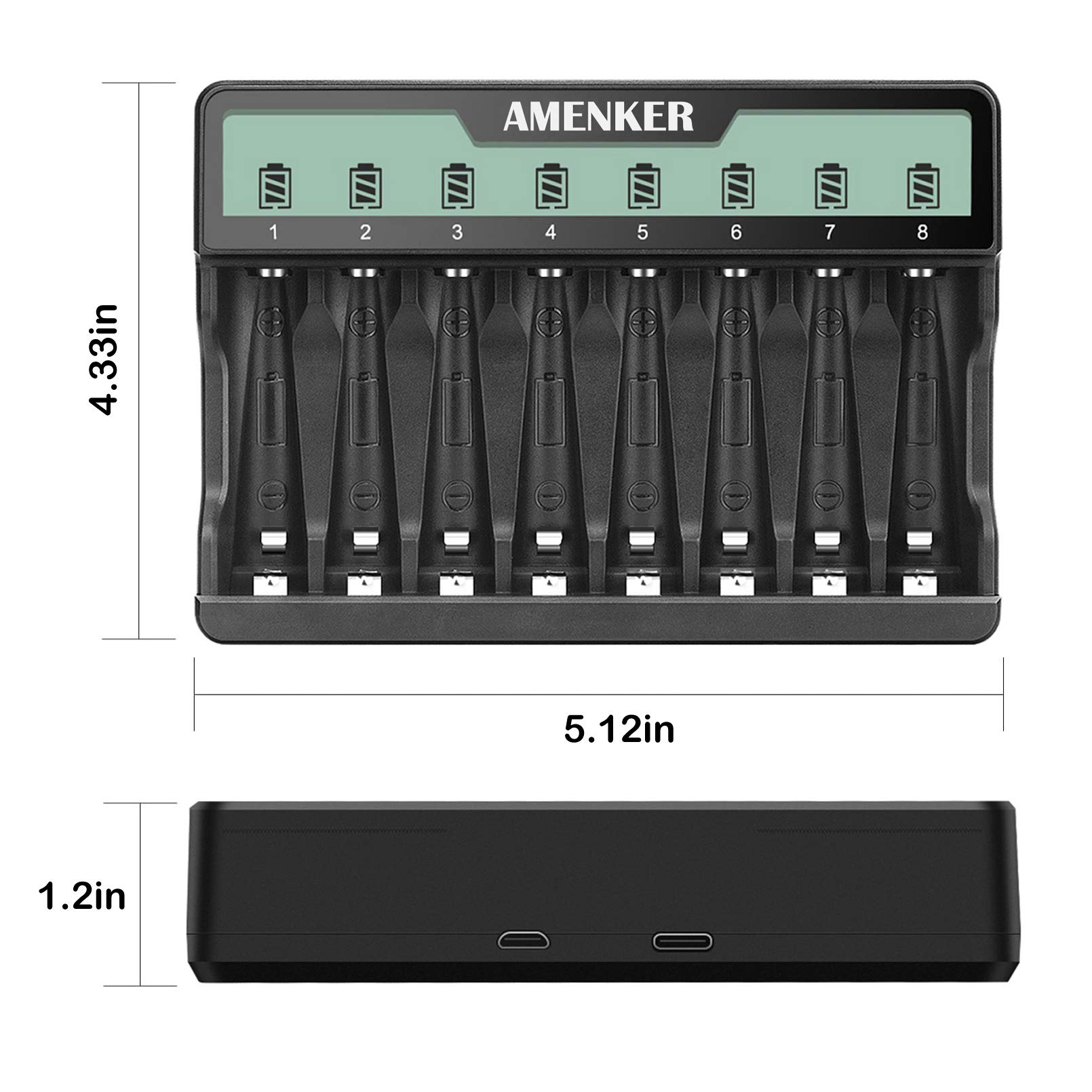 8 Bay AA AAA Battery Charger with LCD Display - Fast USB/Type C Charging for Ni-MH Ni-CD Rechargeable Batteries - Independent Slot Control - Perfect for Cameras, Toys, Flashlights & Home Electronics