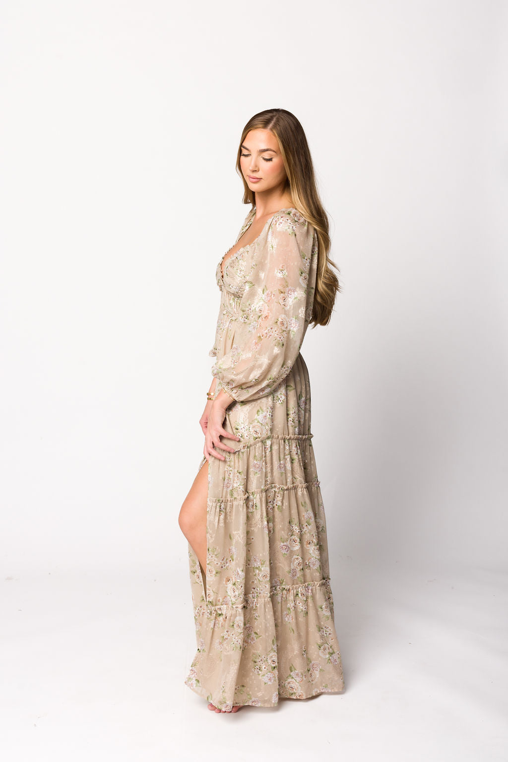 Elegant Daphne Long Sleeve Maxi Dress in Beige Multi Floral Print - Bump Friendly & Inclusive Sizing (XS-3XL) | Perfect for Maternity, Weddings & Special Occasions