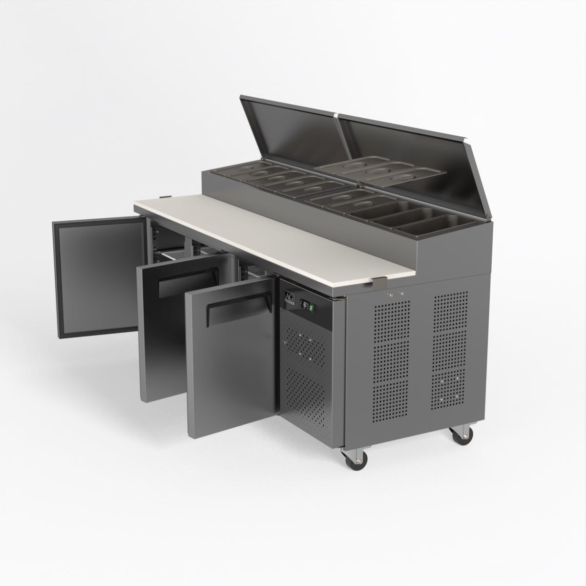 AG 3 Door Commercial Saladette Refrigerator - Holds 10 x 1/3 GN Trays - Perfect for Restaurants, Delis & Catering Businesses