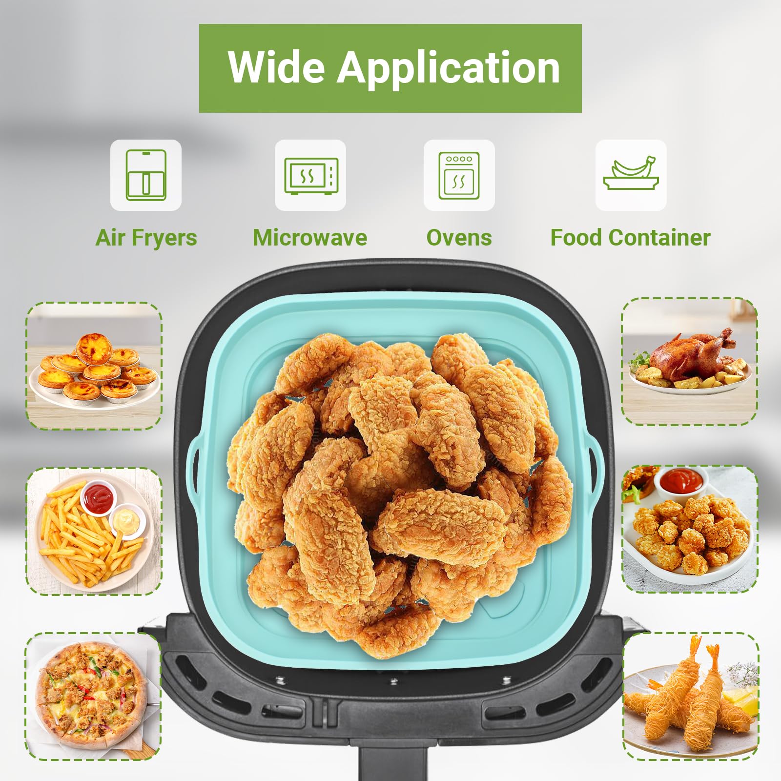Alyvisun Silicone Air Fryer Basket Mold, 2-Piece Reusable Square Pan & Foldable Liner for Hot Air Fryer, Microwave & Oven (Blue + Gray) – Perfect for Healthy Cooking, Meal Prep & Snacks