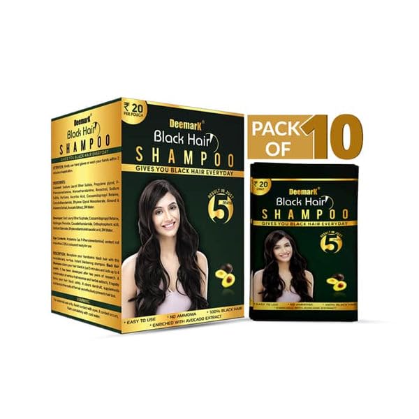 Deemark Black Hair Color Shampoo - Natural Hair Dye for Instant Black Shiny Hair | Long Lasting Color for Men & Women | 150ml (15ml x 10 Sachets) | Perfect for Gray Coverage, Touch-Ups & At-Home Hair Coloring