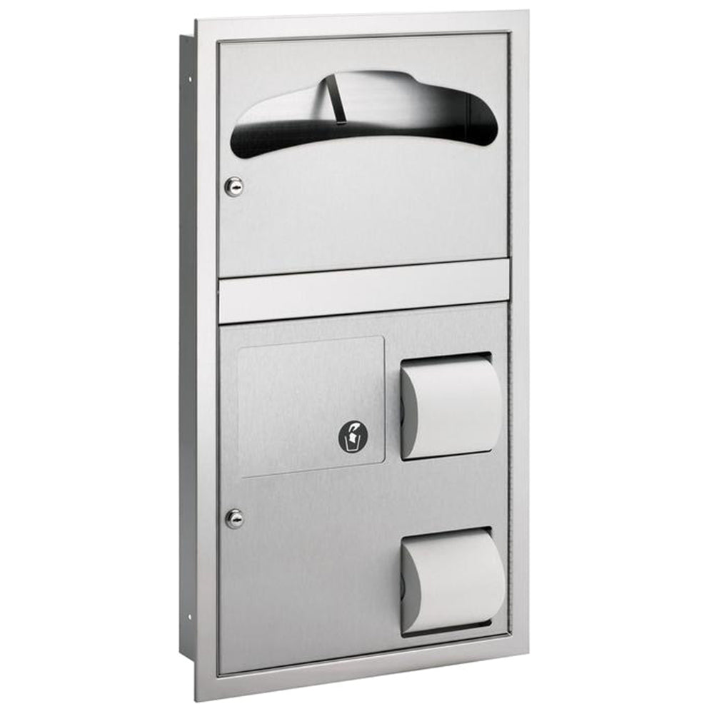 Bradley 5912 1000 Semi-Recessed Toilet Seat Cover with Built-in Toilet Paper Dispenser & Sanitary Napkin Disposal - Satin Finish for Bathroom, Restroom & Commercial Use