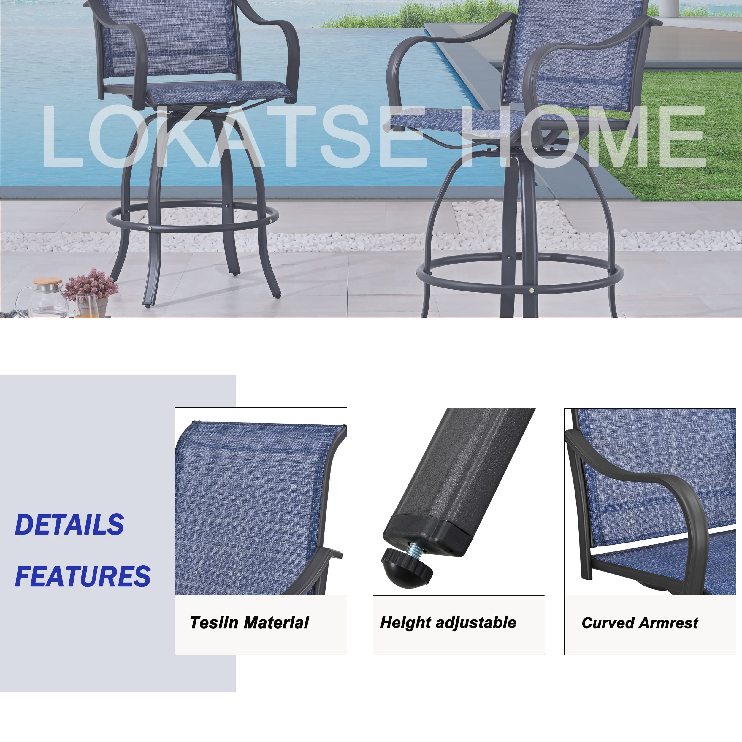 LOKATSE HOME 2-Piece Swivel Bar Stool Set with Adjustable Height - Blue Tesling Fabric for Outdoor Bistro & Patio Furniture - Perfect for Backyard, Deck, Garden, and Poolside Dining