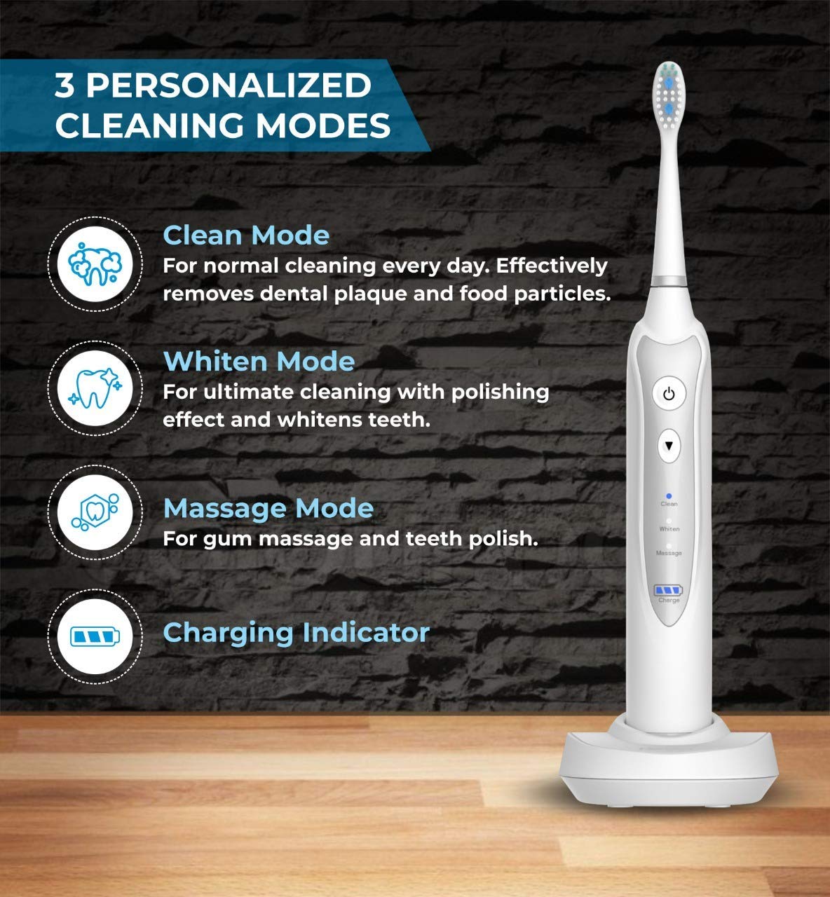 Sonic Electric Toothbrush with 3 Brushing Modes & Timer - 5 Replacement Heads & Fast Wireless Charging - Black/White Travel Toothbrush for Home, Office & Vacation Use