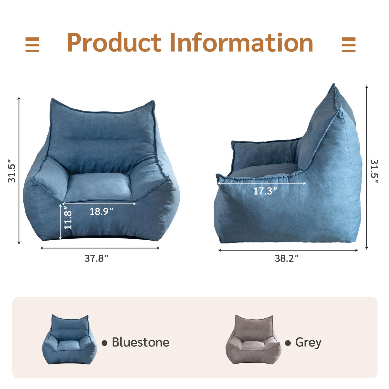 MAXYOYO Giant Bean Bag Chair with Armrests - Oversized Bluestone Bean Bag Sofa for Adults | Perfect for Living Room Lounging, Gaming & Movie Nights