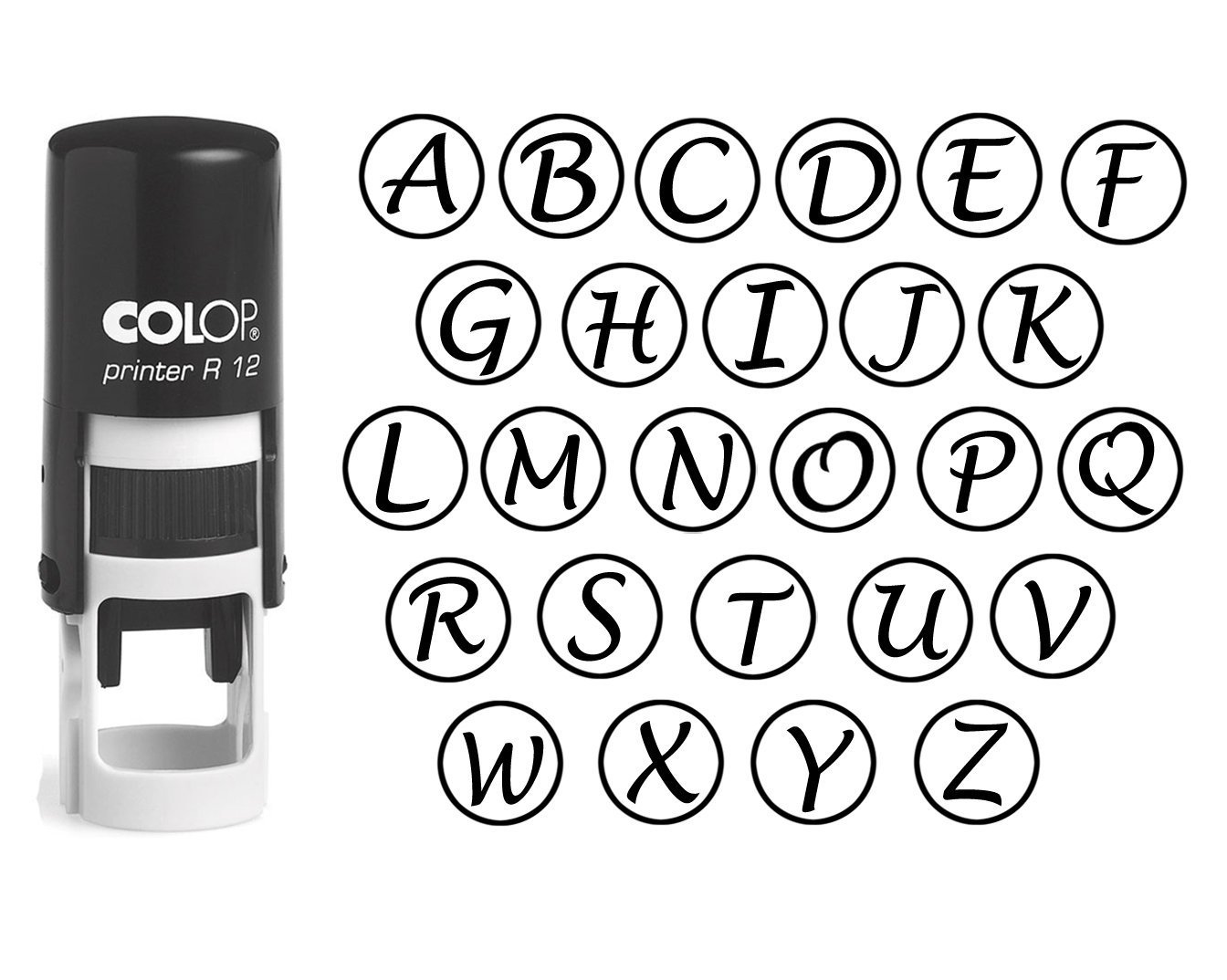 Custom A-Z Alphabet Stamp - Black Ink Monogram Round Rubber Stamp, Self Inking Initial Stamp (12mm) | COLOP Mini Stamper for DIY Crafts, Scrapbooking & Office Use