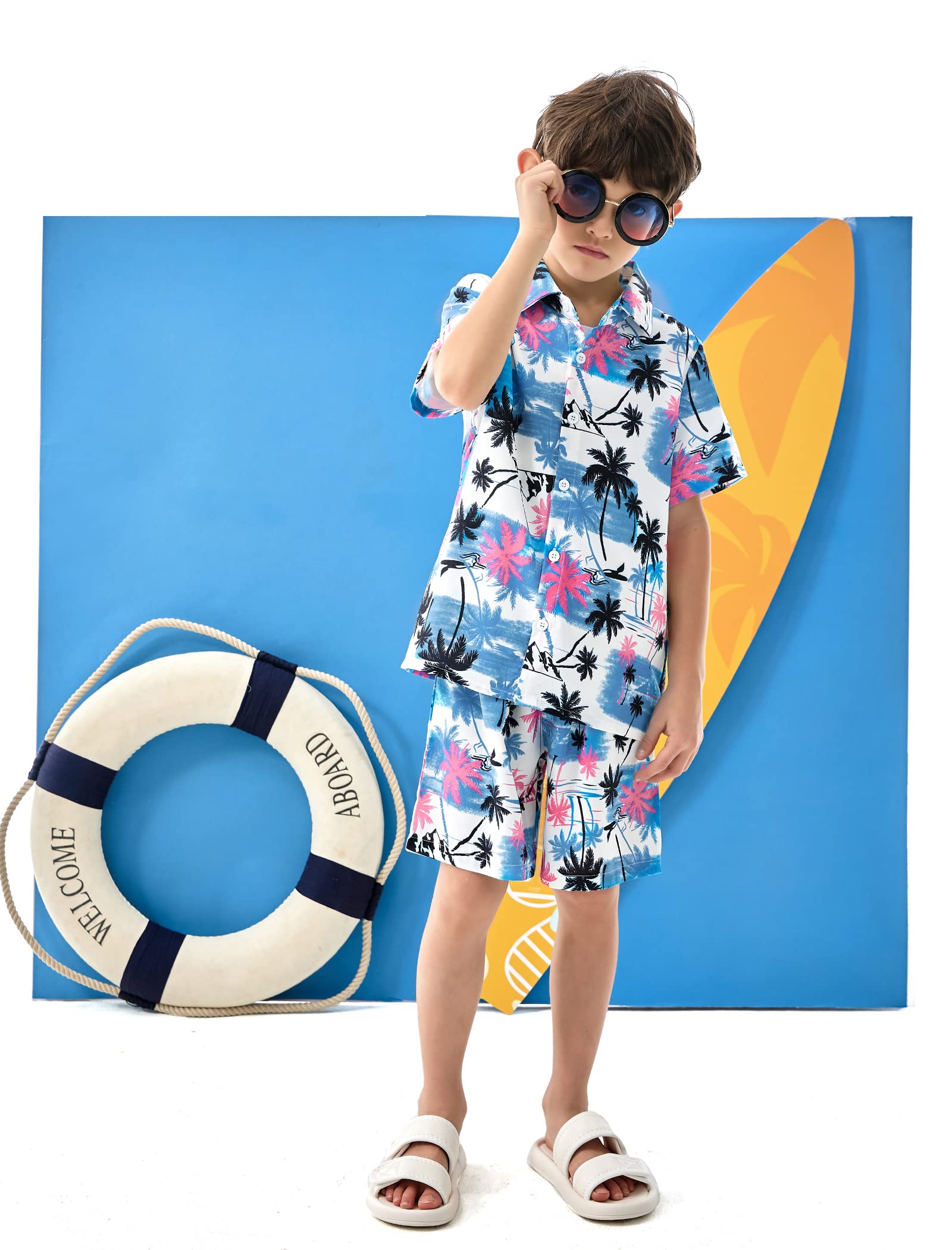 Arshiner Boys 2-Piece Hawaiian Outfit Set - Button Down Shirt & Shorts for Summer Beach Vacation | Tropical Casual Wear for Kids Ages 4-12 | Perfect for Pool Parties, Family Trips and Outdoor Adventures