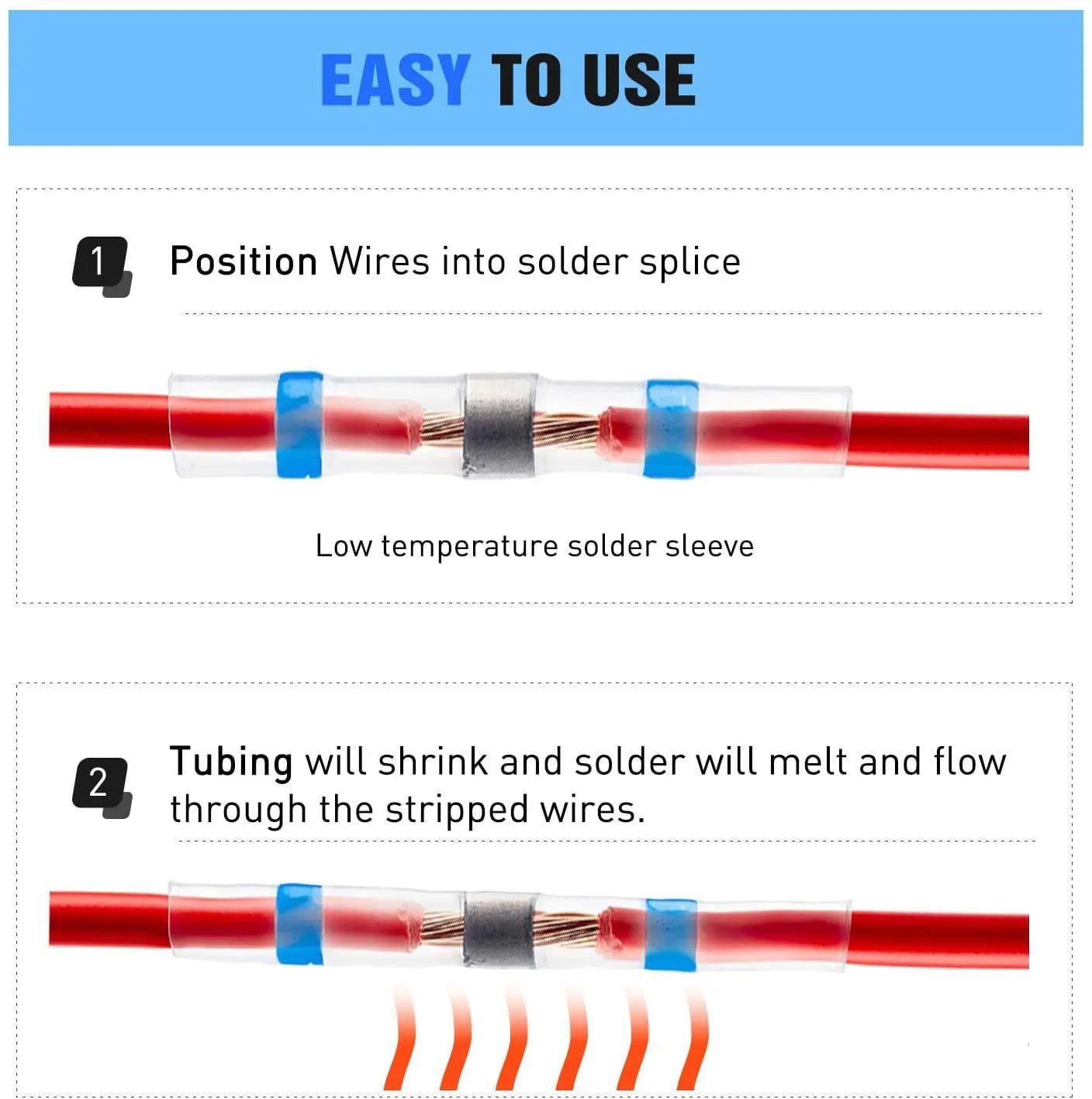 50pcs Waterproof Solder Seal Wire Connectors Kit - Heat Shrink Butt Splice for Marine, Automotive & Electrical Wiring Repairs