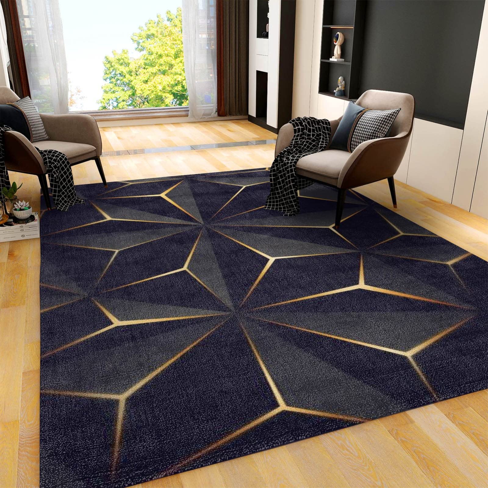 Modern Abstract Black Gold Geometric Area Rug 5'x7' - Non-Slip Indoor Floor Carpet for Living Room, Bedroom & Sofa Decor | Home Office & Dorm Room Floor Mat