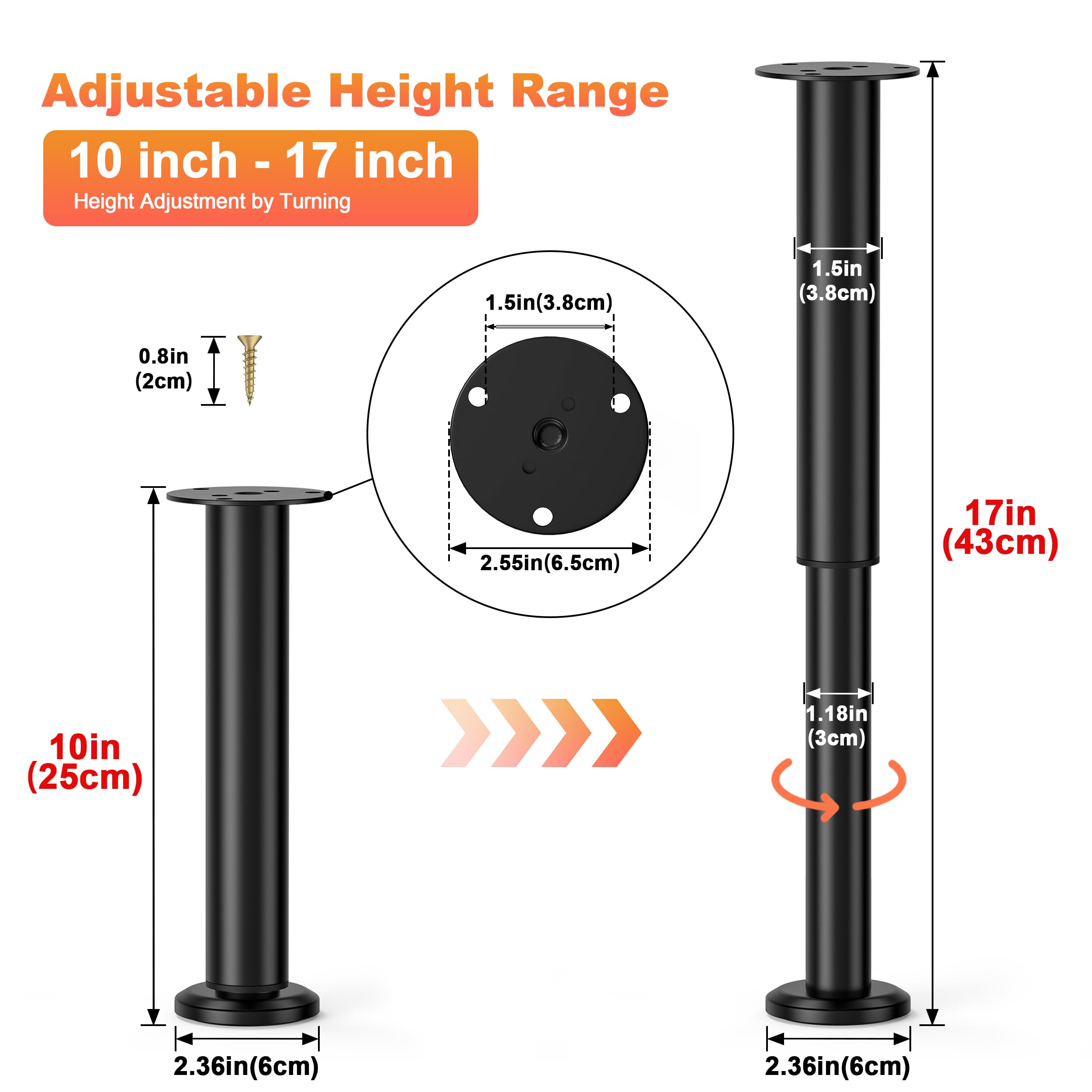 4 Pcs Adjustable Bed Center Support Legs 10-17 Inch - Heavy Duty Metal Furniture Legs for Bed Frame, Cabinet, Sofa, Dresser, Couch & Table - Perfect for Bed Slat Support & Furniture Stability