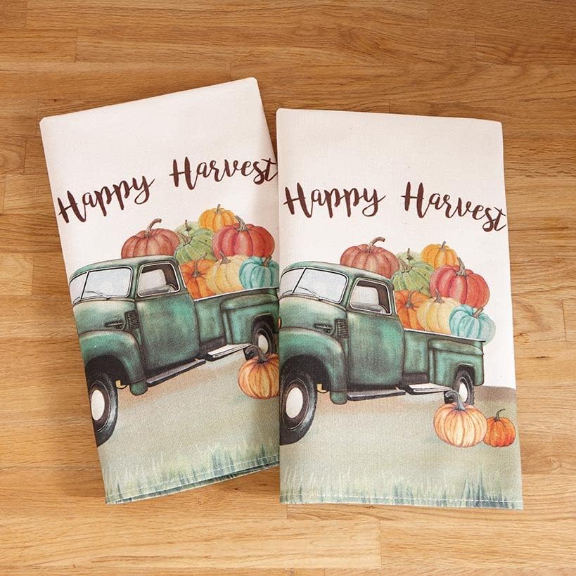 Premium Harvest Kitchen Towels Set of 2 - Thanksgiving Farmhouse Decor with Rustic Truck Design - Absorbent Cotton Dish Towels for Holiday Cooking & Fall Home Decor