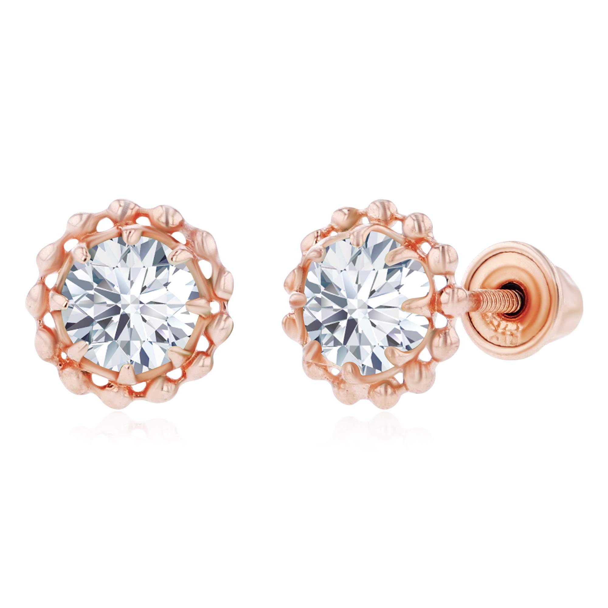 14K Gold Textured Halo Birthstone Stud Earrings for Women | 6mm & 4mm Round Natural Birthstones | Screw Back Earrings for Sensitive Ears | Perfect for Gifts, Anniversaries & Everyday Elegance