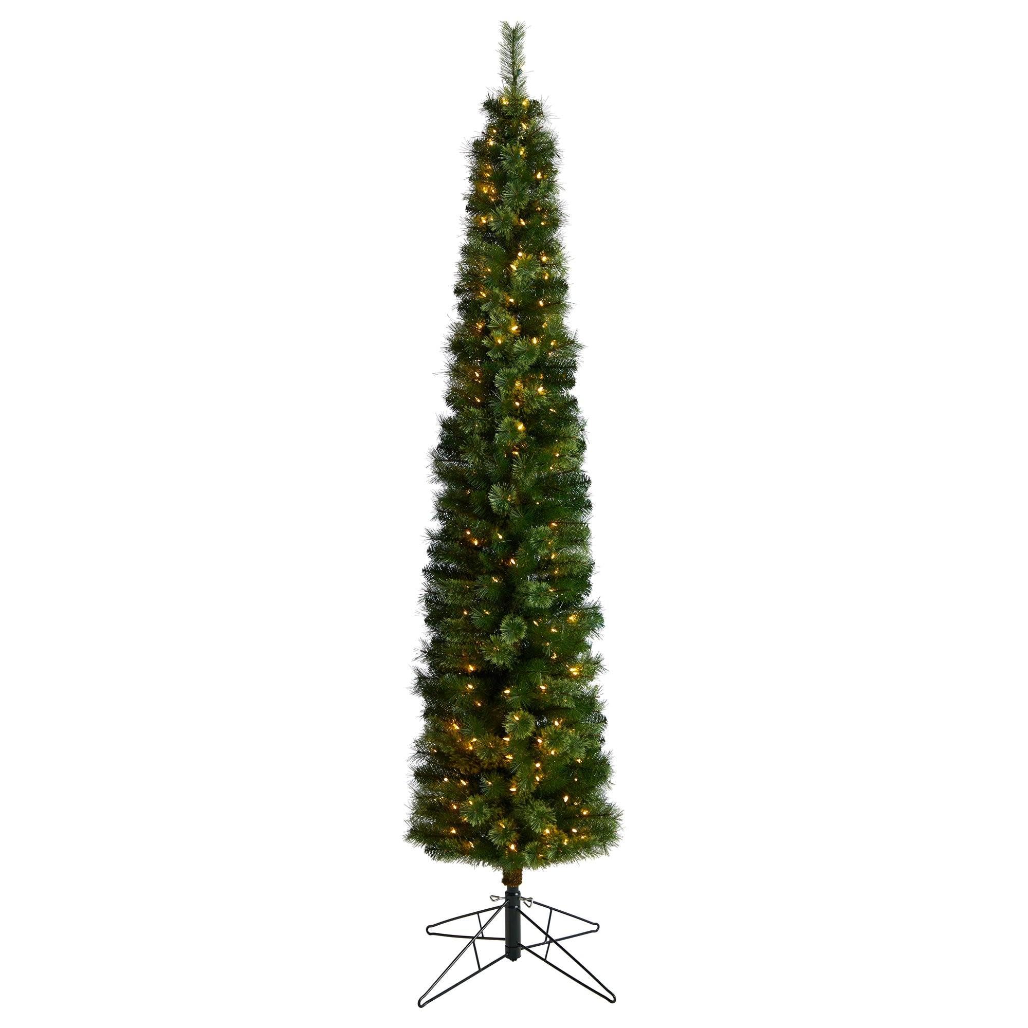 Nearly Natural 8ft Green Pencil Artificial Christmas Tree with 200 Clear LED Lights & 402 Bendable Branches | Slim Holiday Decor for Small Spaces, Apartments & Office Christmas Decorations