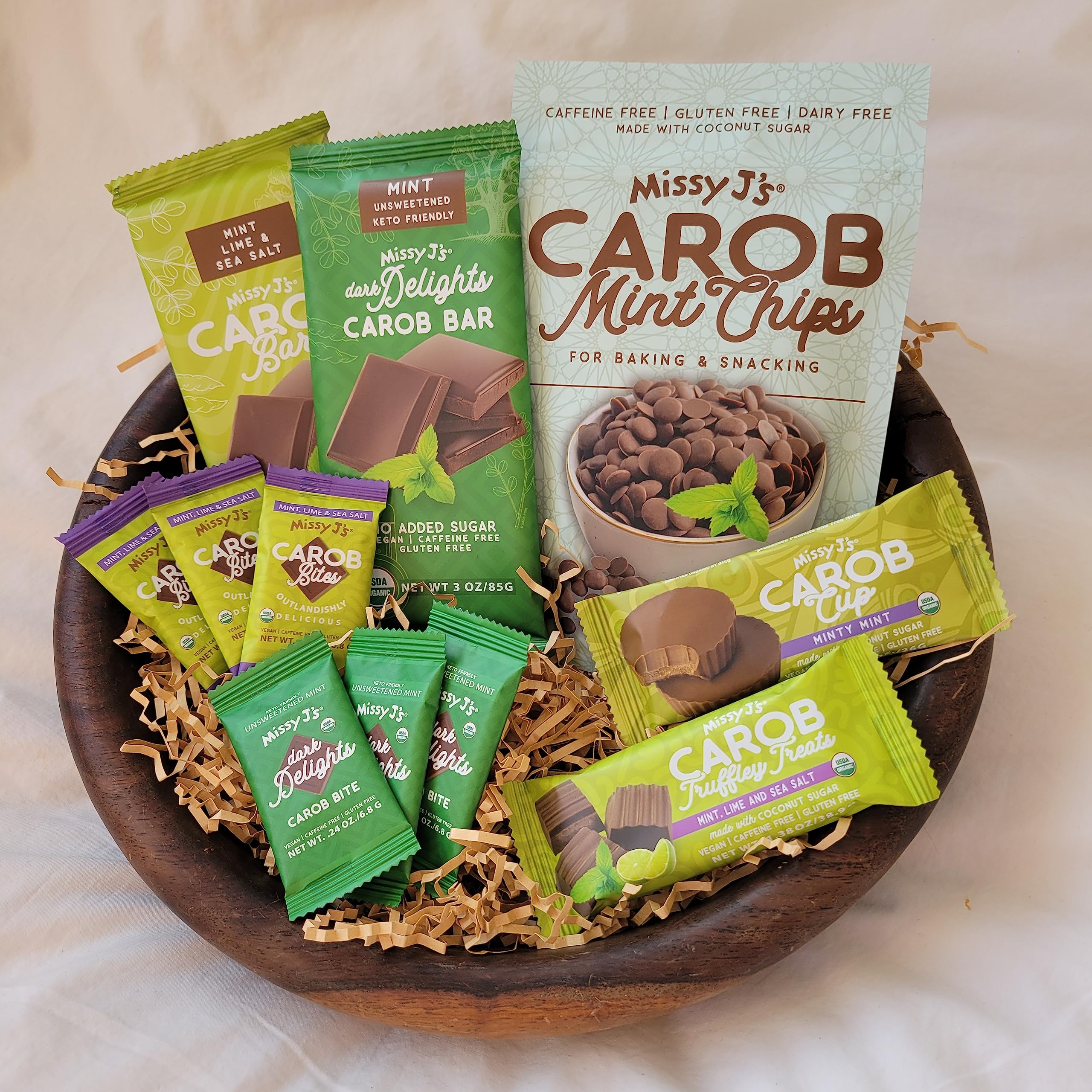 Missy J's Carob Mint Lovers Sampler Pack - 11 Vegan Gluten-Free Snacks, Healthy Chocolate Alternative, Dairy-Free Treats for Weight Loss & Keto Diet | Perfect for Office Snacks, Gift Baskets & Afternoon Tea