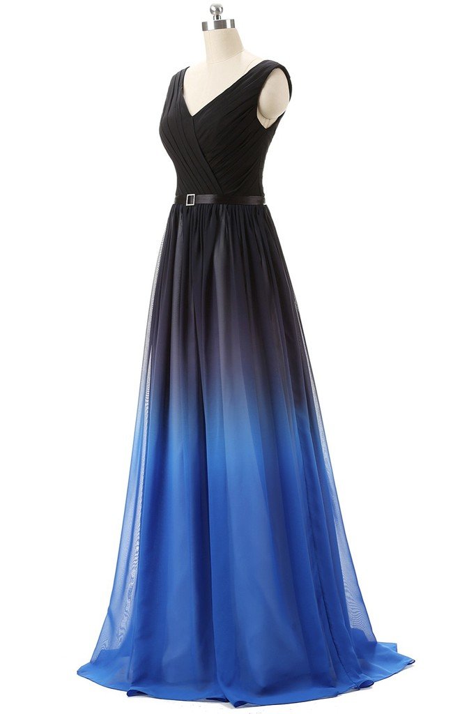 Kivary® Black V-Neck Sash Gradient Ombre Chiffon Long Formal Prom Evening Dress for Women - Elegant Gown for Homecoming, Ball, Wedding & Special Occasions