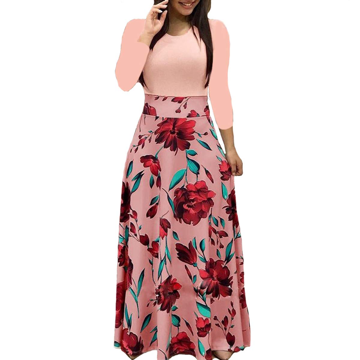 Aublary Women's Long Sleeve Floral Print Maxi Dress - Round Neck Casual Tunic for Spring Summer Beach Vacation, Party & Everyday Wear