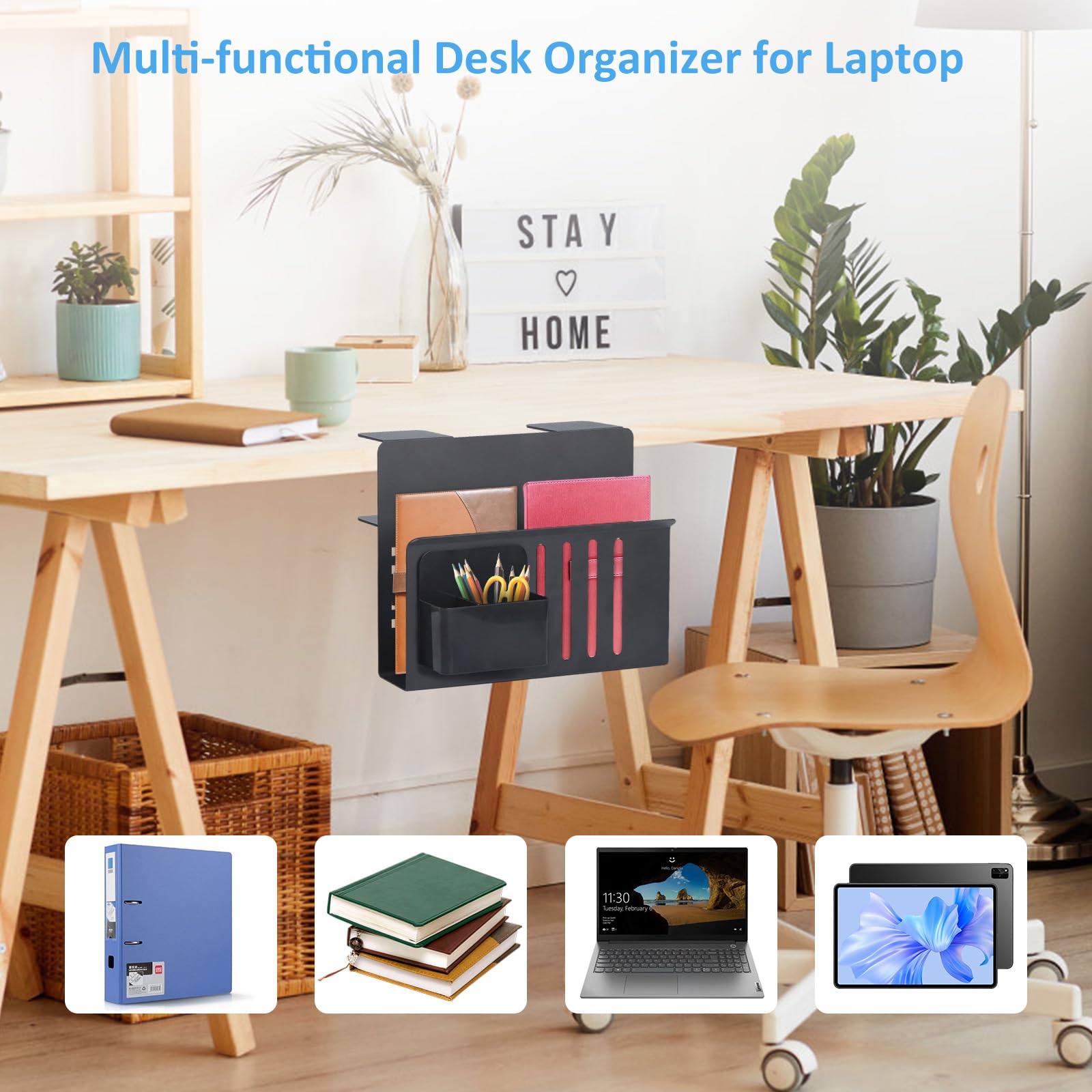 Steel Hanging Storage Tray for Desk - No Drill Cable Management Organizer with Heat Dissipation Holes | Perfect as Laptop Stand, Book/Document Holder & Pen Organizer for Home Office & Workspace