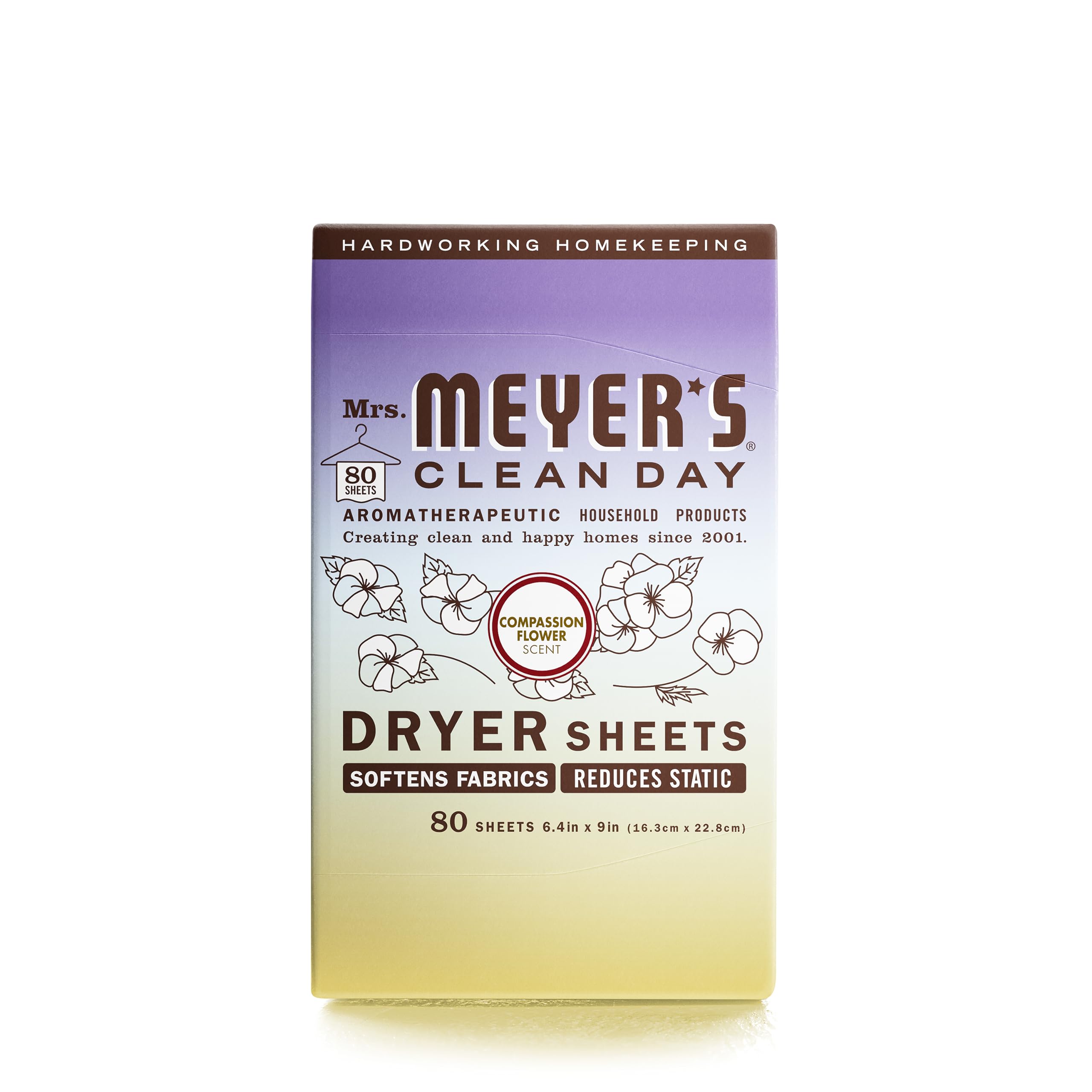 Mrs. Meyer's Clean Day Dryer Sheets - 80 Count | Fabric Softener & Static Reducer with Essential Oils & Compassion Flower Scent | Ideal for Laundry, Clothes Freshening & Softening
