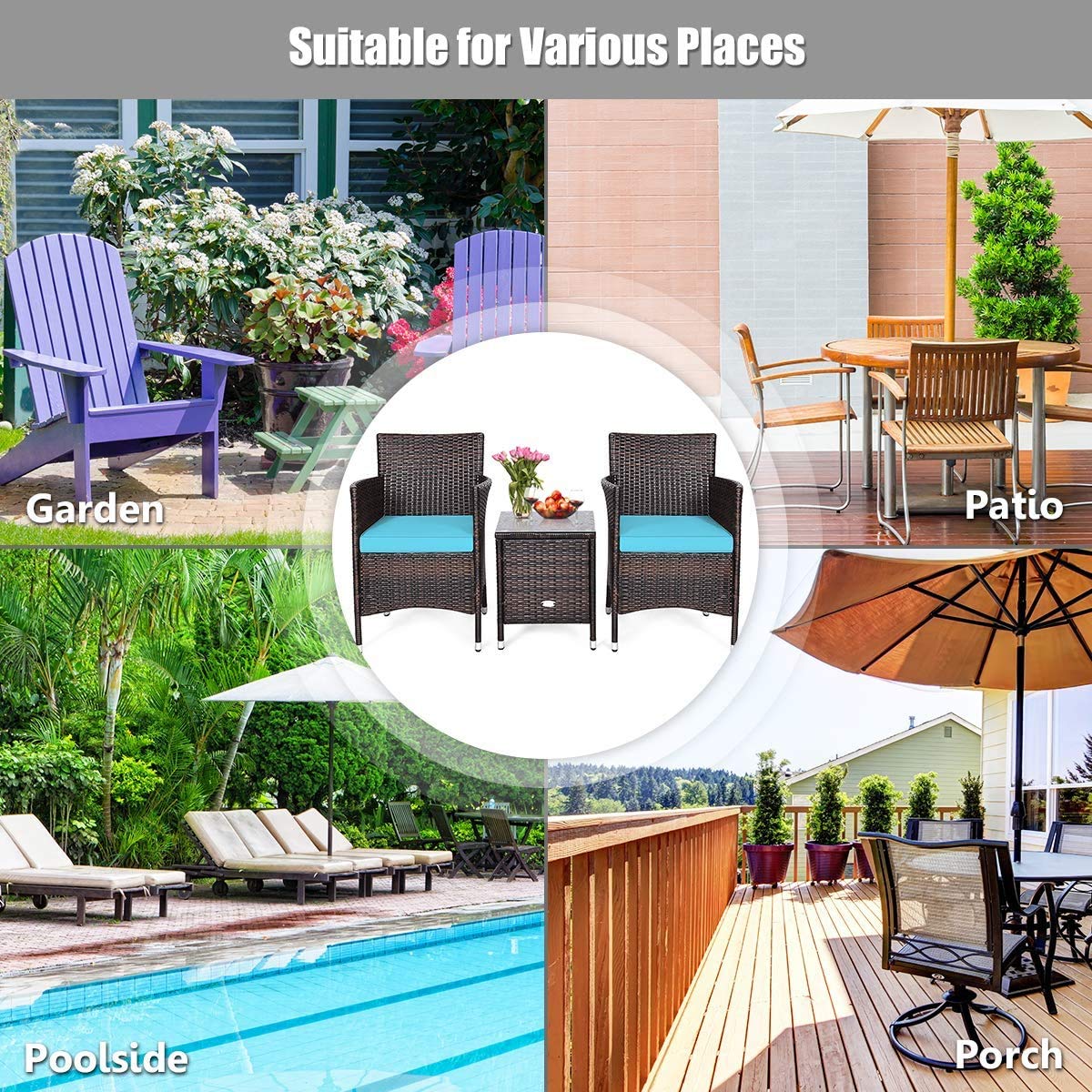HAPPYGRILL 3-Piece Outdoor Patio Furniture Set - Rattan Wicker Conversation Set with Coffee Table, Chairs & Cushions for Garden, Lawn, Backyard, Poolside | Perfect for Relaxing, Entertaining & Outdoor Dining