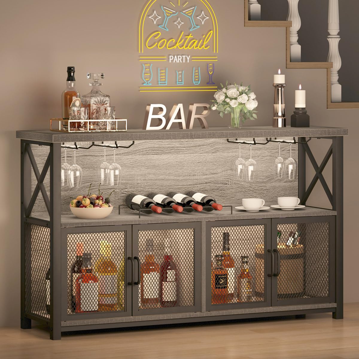 LVB Industrial Farmhouse Coffee Bar Cabinet with Wine Rack Storage - Modern Sideboard Buffet for Liquor, Glasses & Kitchen Essentials - Light Grey Oak 47 Inch for Dining Room, Living Room & Home Bar Decor