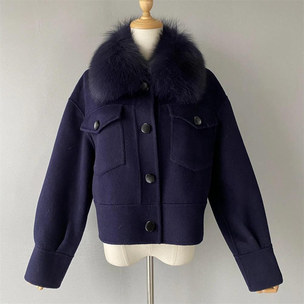 Luxury Women's Cashmere Wool Coat with Real Fur Collar - Winter Cropped Jacket, Full Sleeves & Pockets - Streetwear Outerwear for Cold Weather & Fashion Outings