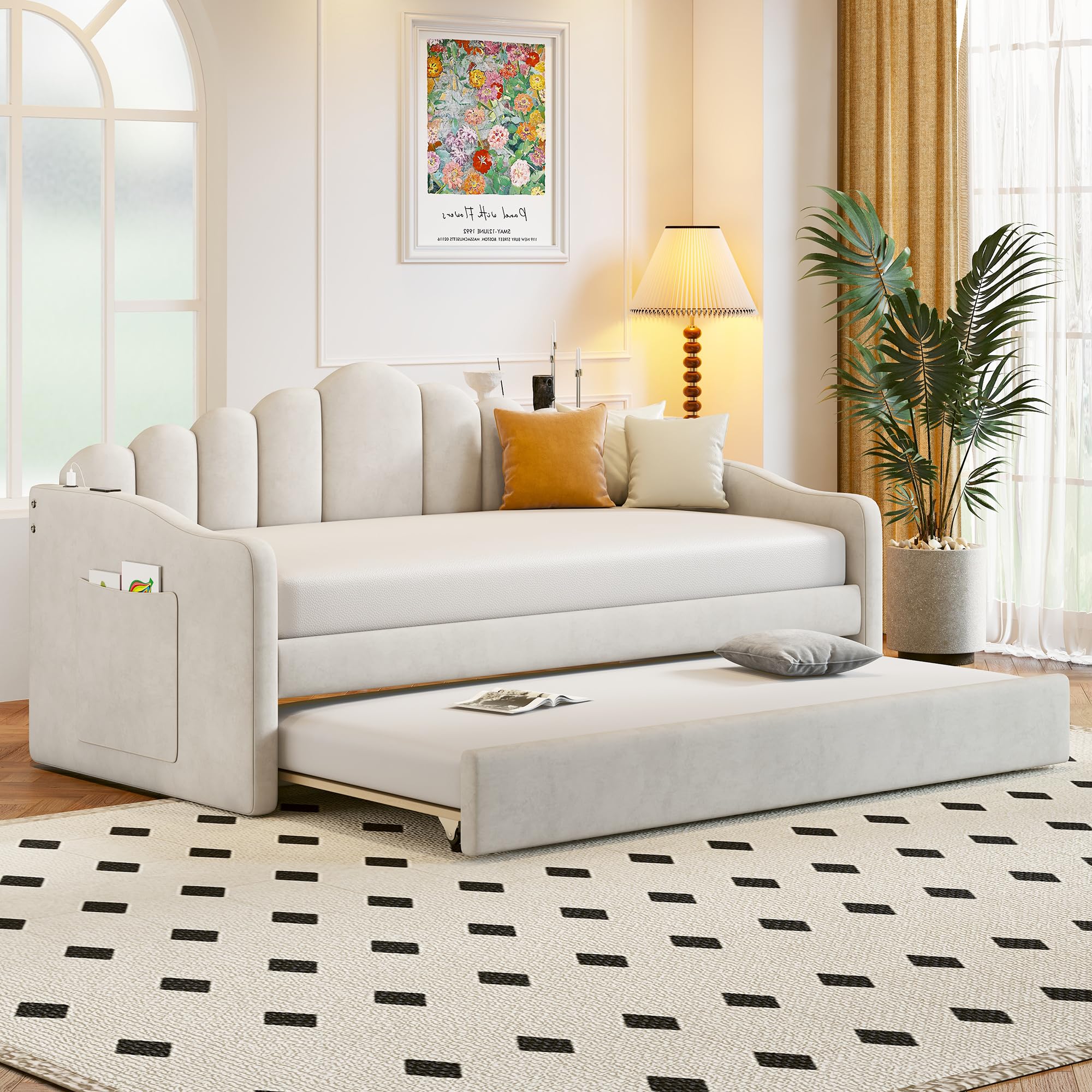 P PURLOVE Twin Size Upholstered Daybed with Trundle - Velvet Convertible Sofa Bed with USB Charging Ports & Slat Support Frame for Living Room, Guest Bedroom or Small Space - Perfect for Lounging, Sleepovers & Home Office Use