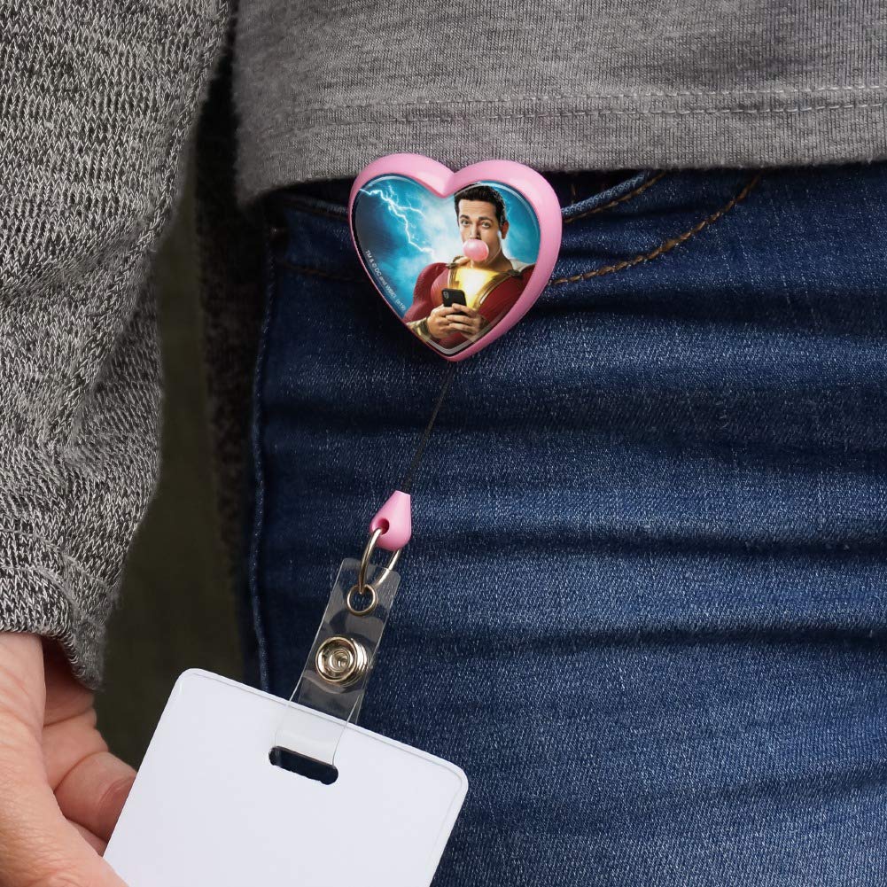 Shazam! Movie Themed Bubblegum Pink Heart Lanyard with Retractable Reel - Badge Holder for ID Cards, Keys & Work Accessories - Perfect for Comic Con, Office & School Events