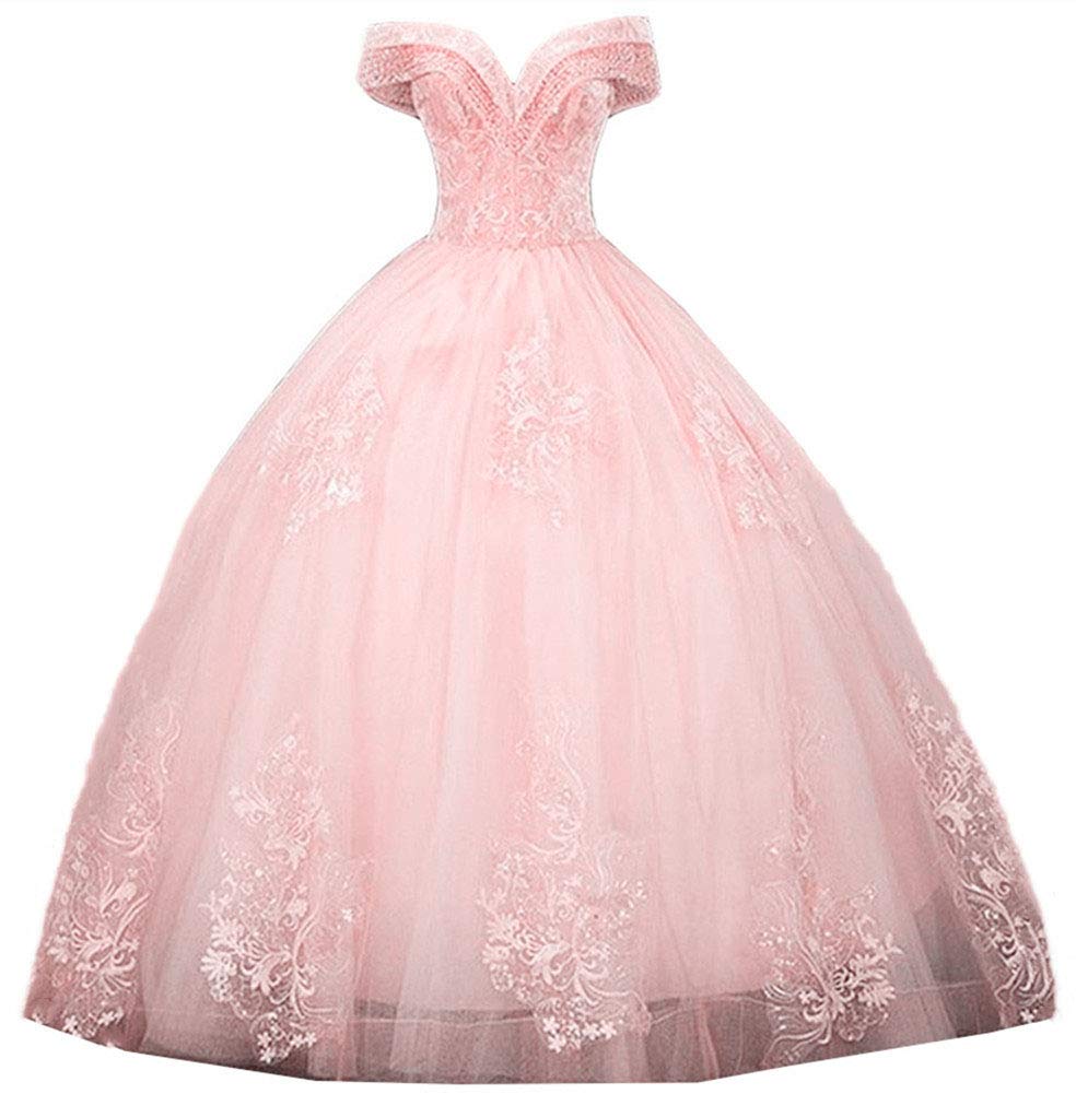 Elegant Off Shoulder Beaded Quinceanera Ball Gown - Women's Formal Applique Dress in Pale Pink for Prom, Wedding & Special Occasions