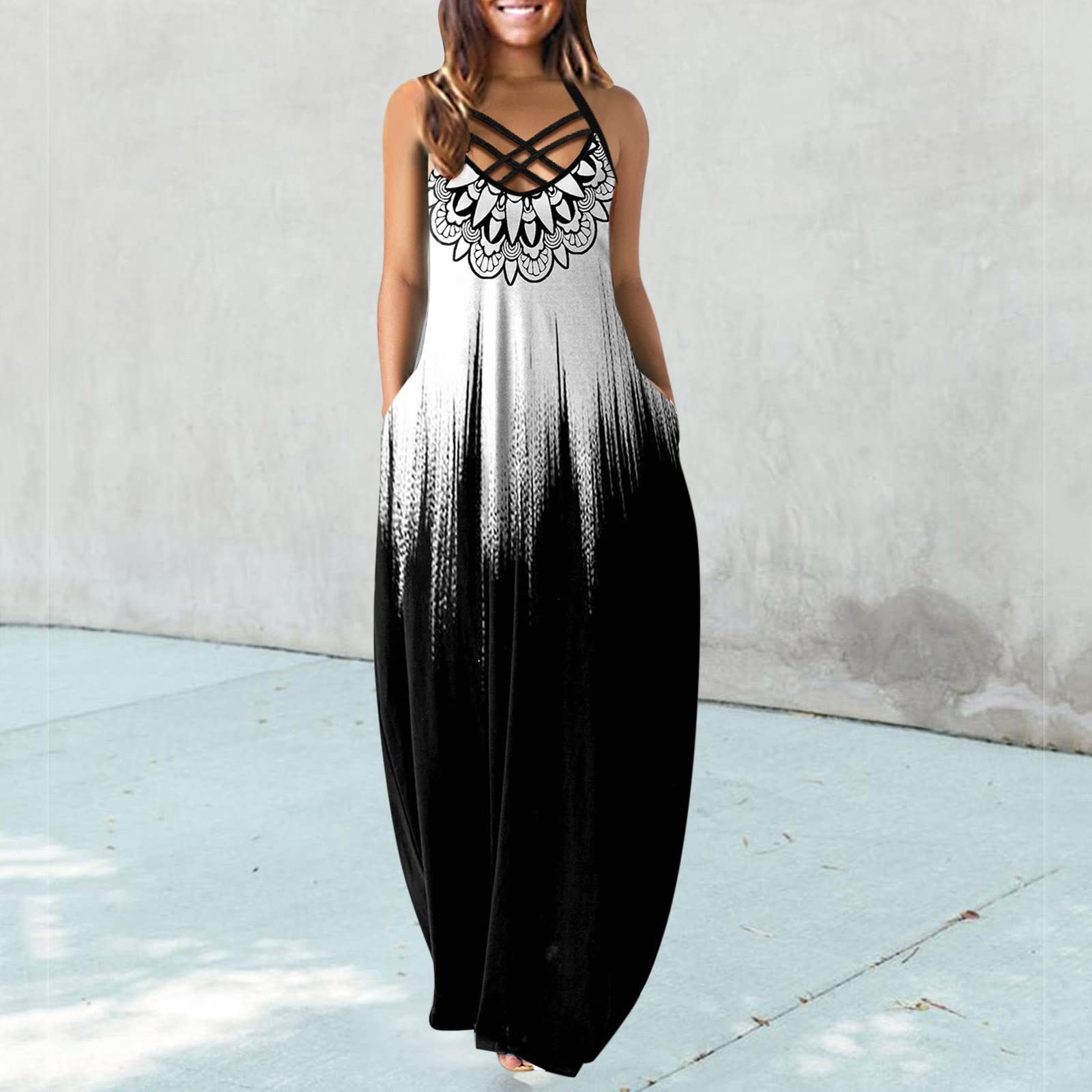 Women's Summer Maxi Sundress - Sexy Sleeveless Flowy Long Dress with Fashion Print, Beach Cover Up & Casual Cami Dress | Perfect for Vacations, Pool Parties & Boho Outfits