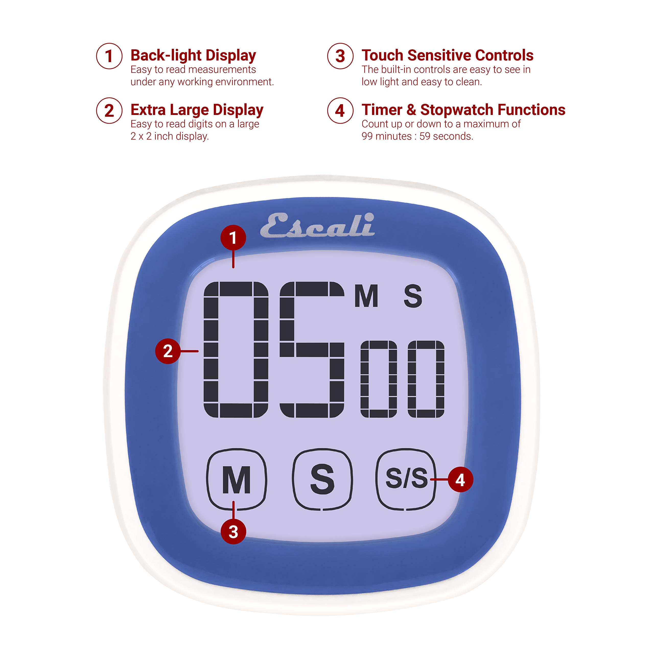Escali Digital Timer with Touch Screen LCD Display - Easy to Read, Battery Saving, Touch Sensitive Controls (Blue) - Perfect for Cooking, Baking, Fitness, and Lab Experiments