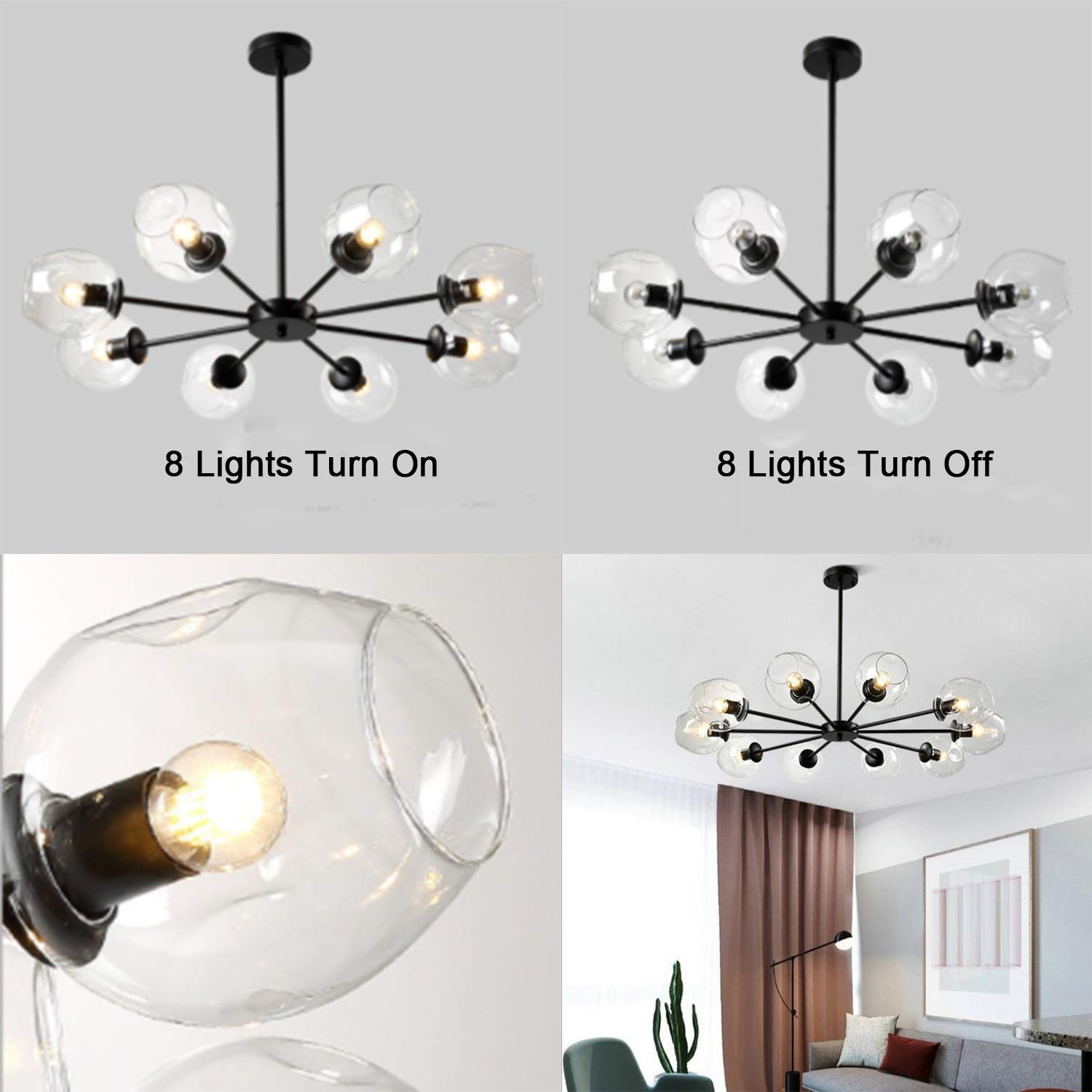 Modern 8-Light Black Glass Chandelier with Clear Lampshades - E26 Ceiling Pendant Lighting Fixture for Living Room, Dining Room & Bedroom Decor (Black Metal Frame + Crystal Glass Shades) - Perfect for Home, Restaurant and Hotel Lighting