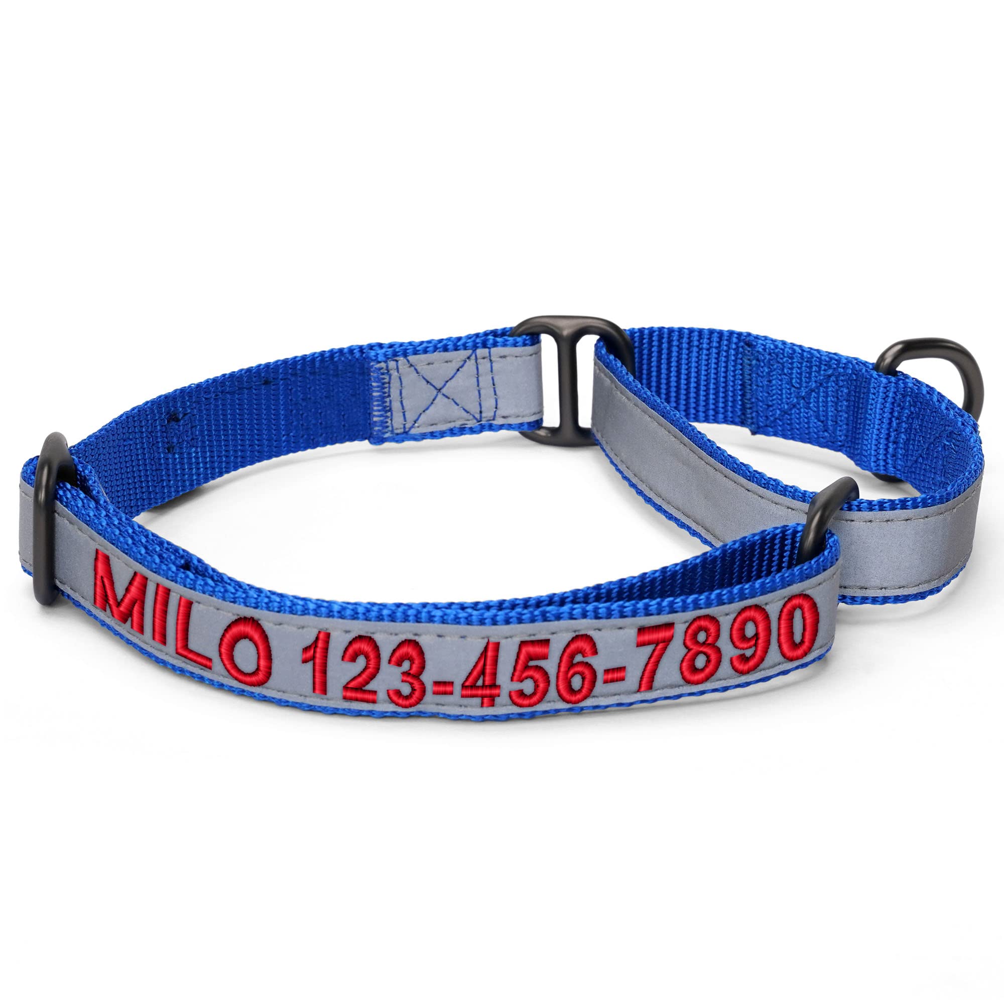 **Custom Embroidered Reflective Martingale Dog Collar - Personalized with Name & Phone Number - Adjustable for Puppies, Small, Medium & Large Dogs - Medium Blue - Perfect for Night Walks & Outdoor Adventures**