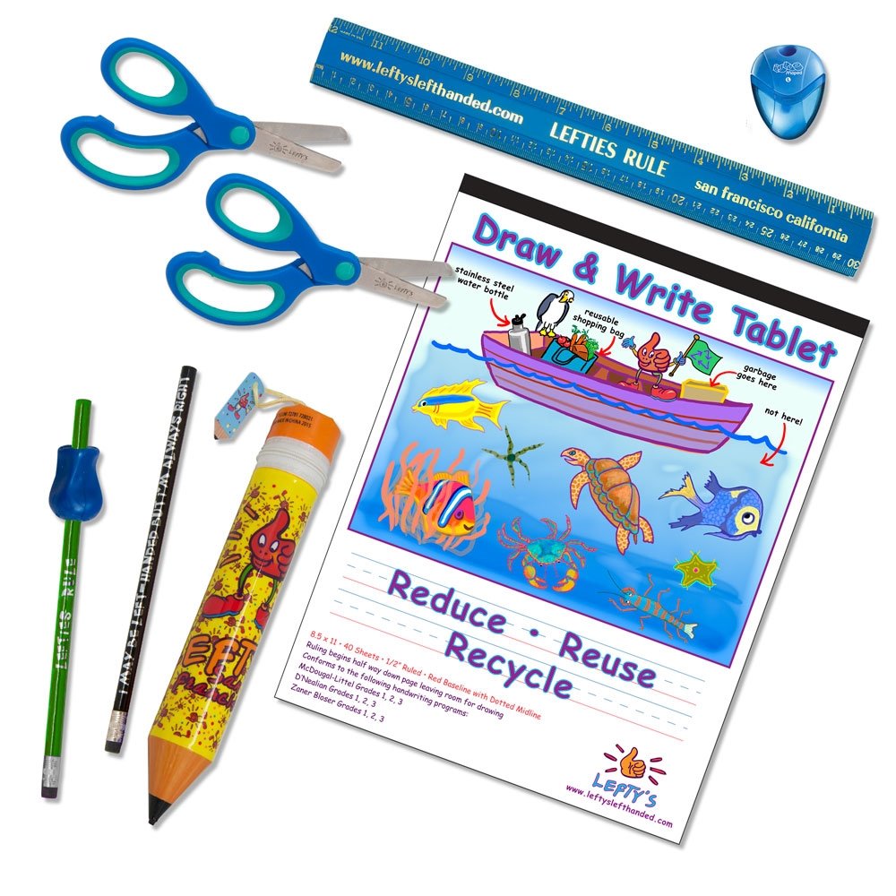 Left-Handed School Supplies for Kids Under 8 - 9 Piece Set with Scissors, Ruler, Pencils & More (Blue & Green) - Perfect for Classroom, Homeschool & Arts & Crafts Projects