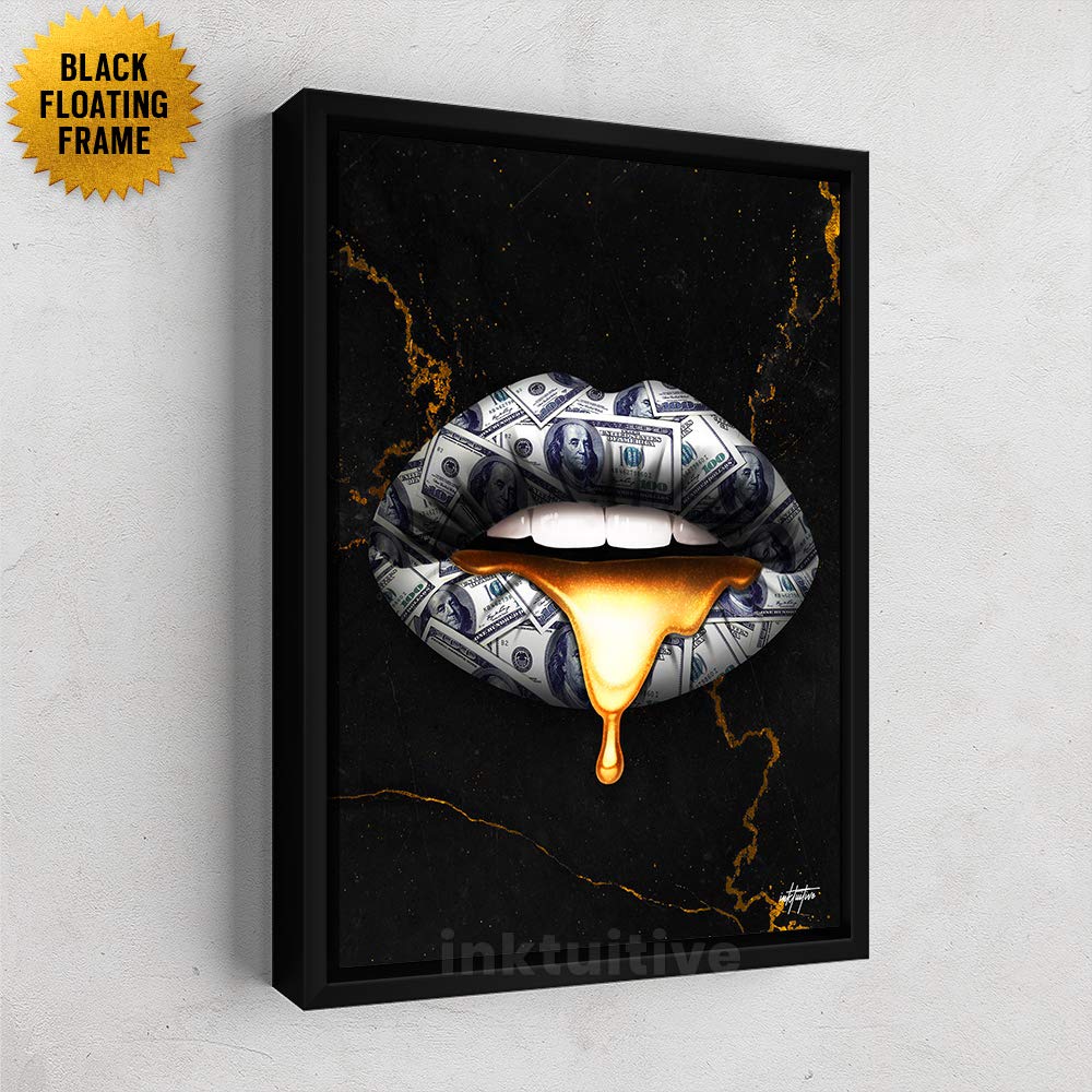 Inktuitive Lips 'Money Talks' Canvas Wall Art - 40x30 Inch Printed Modern Wall Decor with Black Frame | Motivational Office & Home Decor for Passion & Money Mindset | Perfect for Living Room, Bedroom, or Workspace Inspiration