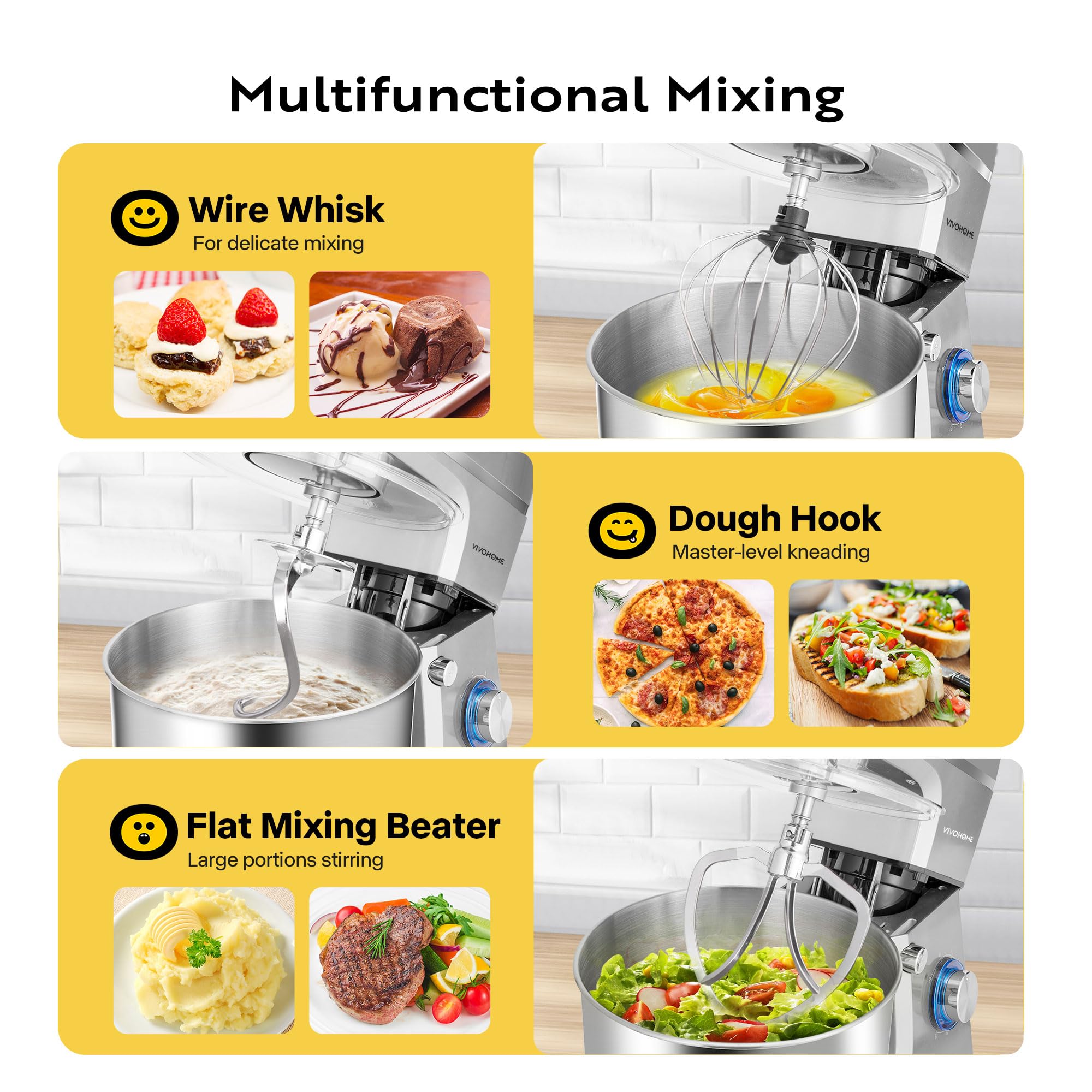 VIVOHOME 7.5 Quart 660W Stand Mixer - 6-Speed Tilt-Head Electric Kitchen Mixer with Beater, Dough Hook, Wire Whip & Egg Separator - Perfect for Baking Cakes, Cookies, Bread & More (Silver)