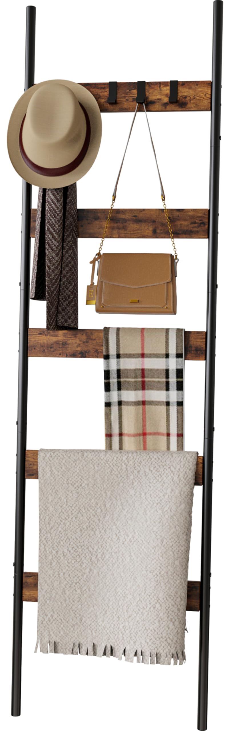 5-Tier Wooden Blanket Ladder with 4 Removable Hooks - Rustic Brown Farmhouse Wall Leaning Towel Rack - Decorative Shelf for Quilts, Blankets & Towels - Perfect for Living Room, Bedroom & Bathroom Organization