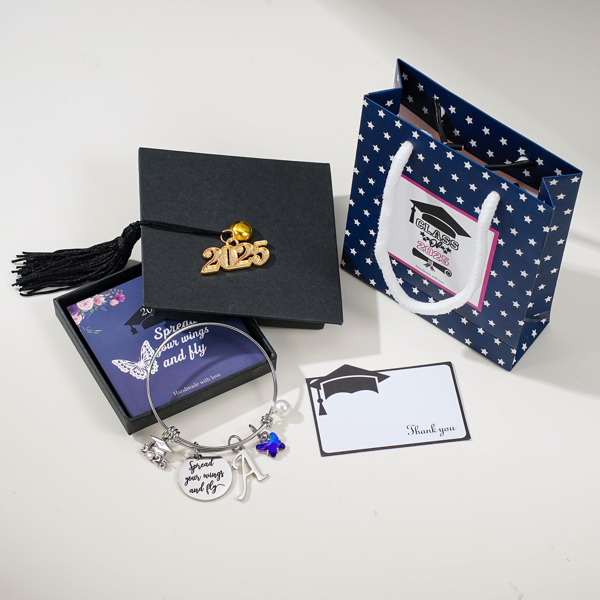 2025 Graduation Gifts for Women - Personalized Butterfly Initial Bracelet with Inspirational 'Spread Your Wings & Fly' Quote & Grad Cap Charm | Motivational Jewelry Gift for Her, Daughter, Sister | Perfect for Graduation Ceremonies, Parties & Special Occasions