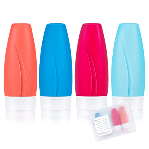 4-Piece Leak-Proof 2oz Silicone Travel Bottles Set - TSA Approved for Airplane Toiletries & Makeup - Refillable Reusable Containers for Shampoo, Lotion & Cosmetics - Perfect for Carry-On Luggage & Weekend Getaways