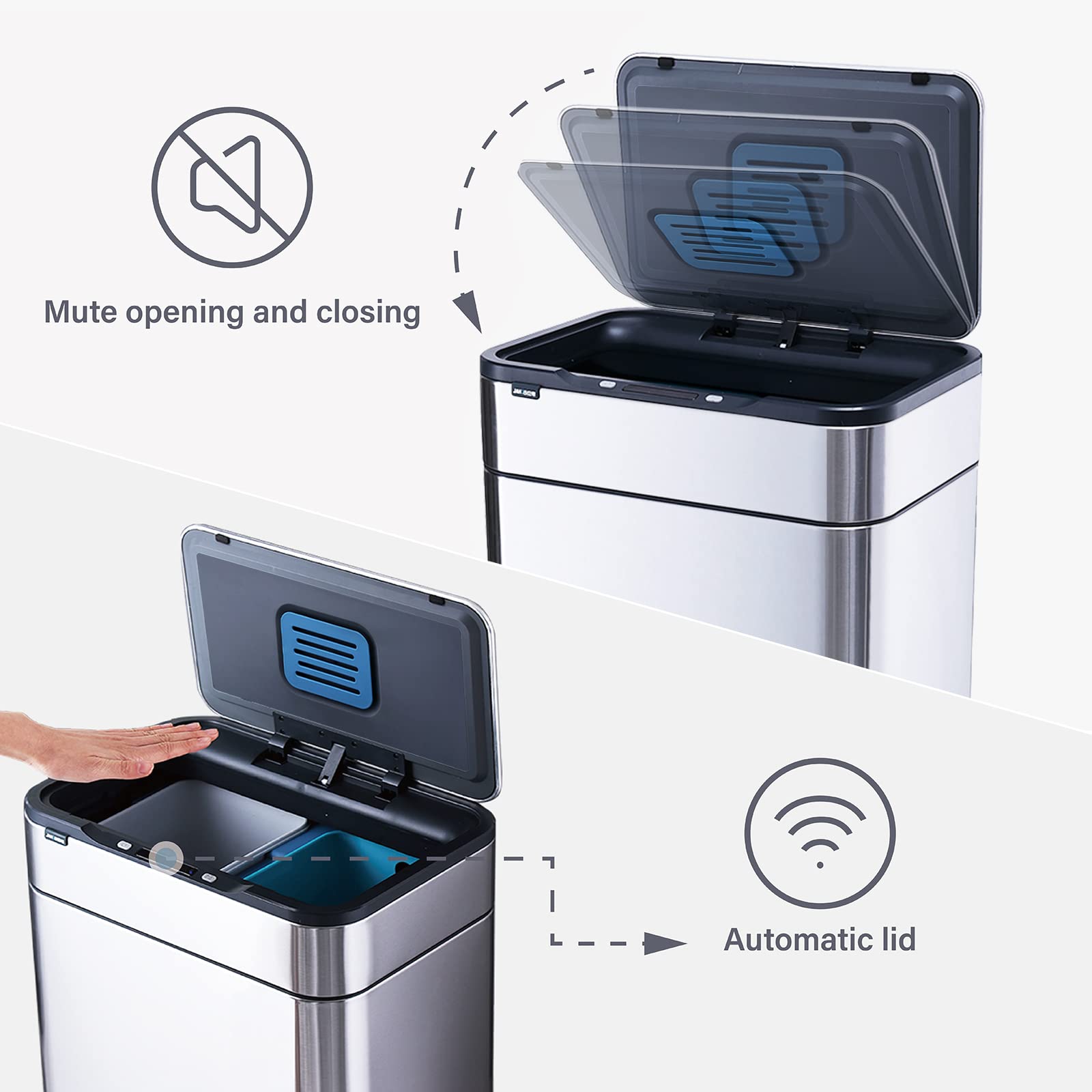 ELPHECO 13 Gallon Stainless Steel Automatic Motion Sensor Trash Can with 3 Compartment Bins - Touchless Kitchen Garbage Bin for Home, Office & Restaurant Use