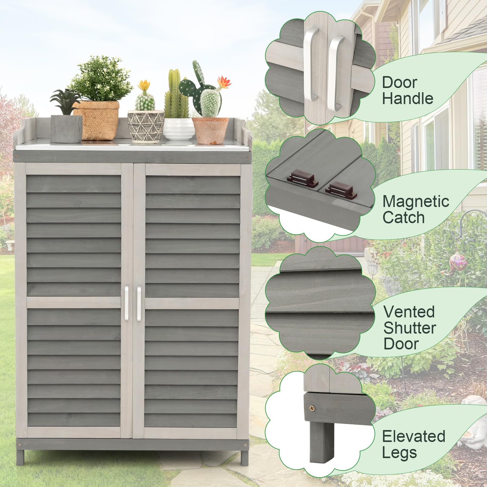 **AFSTAR Outdoor Potting Bench with Metal Tabletop & 2 Storage Shelves – Waterproof Garden Tool Shed, Wooden Potting Table for Patio & Backyard – Grey | Perfect for Gardening, DIY Projects & Outdoor Storage**