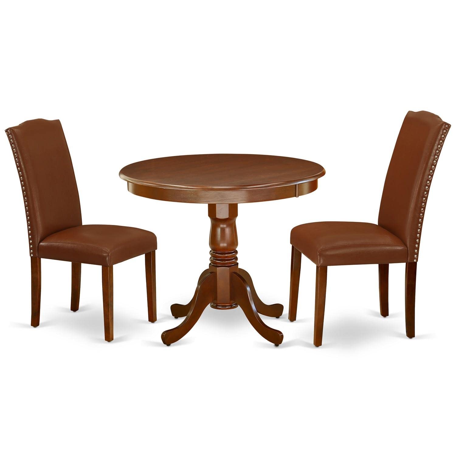 East West Furniture ANEN3-MAH-66 3-Piece Round Dining Table Set with Pedestal Base & 2 Brown Faux Leather Chairs - 36x36 Inch Mahogany Finish for Small Spaces, Breakfast Nooks & Cozy Apartments