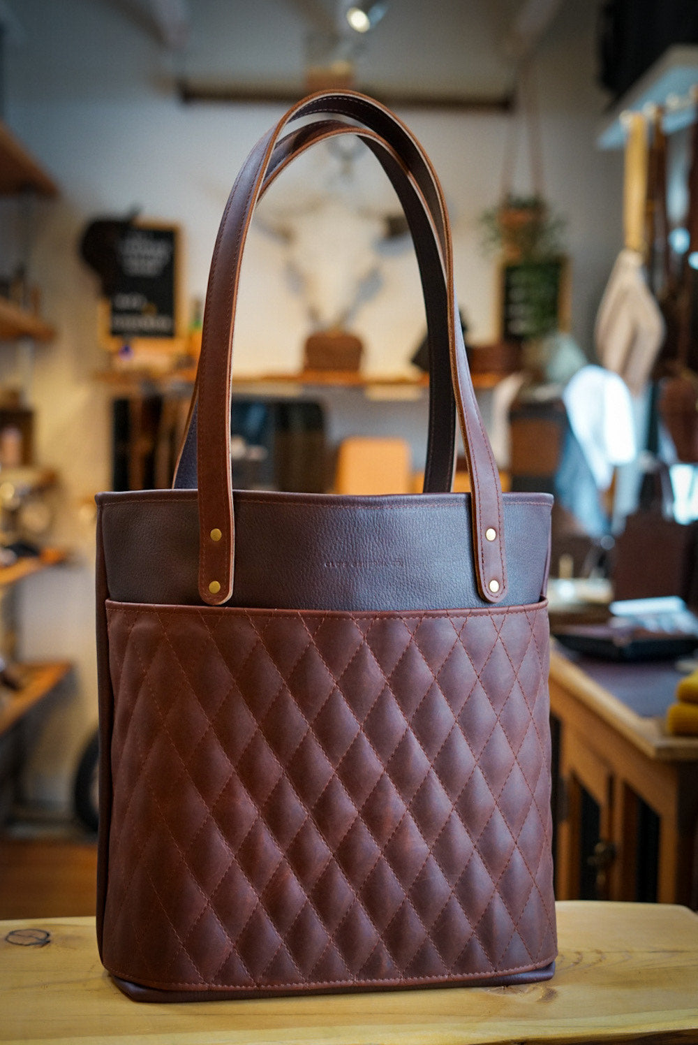 Stylish Diamond Stitch Tote Bag - Pebbled Brown & Dark Amber Harness Leather - Perfect for Work, Travel & Everyday Use