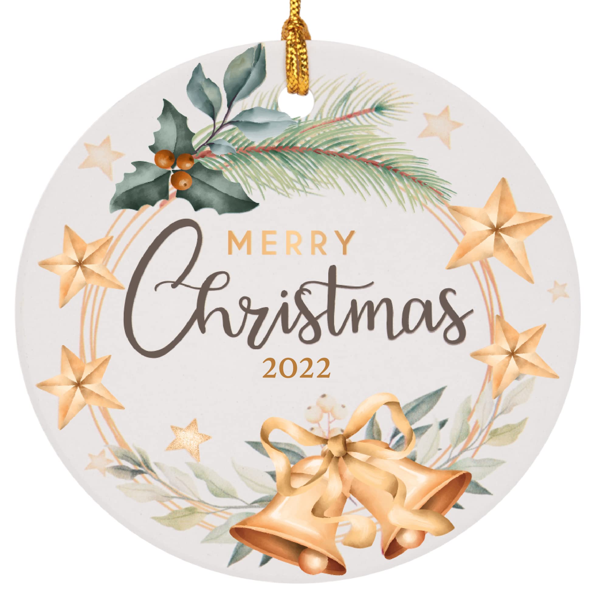 Avamie 2022 Christmas Tree Ornament - Ceramic Round Hanging Decor with Two-Side Printed Design, Traditional Festive Holiday Decoration for Xmas Tree, Home, Party & Gift Giving