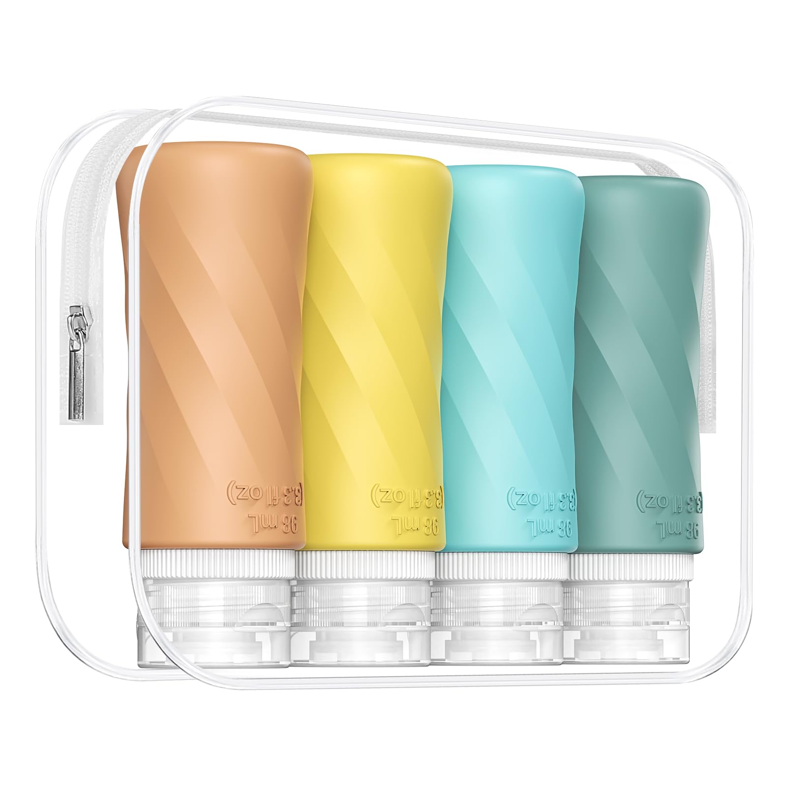 TSA Approved 3.3oz Travel Bottles for Toiletries - 4 Pack Leak Proof Squeezable Silicone Containers with Clear Toiletry Bag | BPA Free, Portable & Reusable | Perfect for Air Travel, Gym, Camping & Vacation Essentials