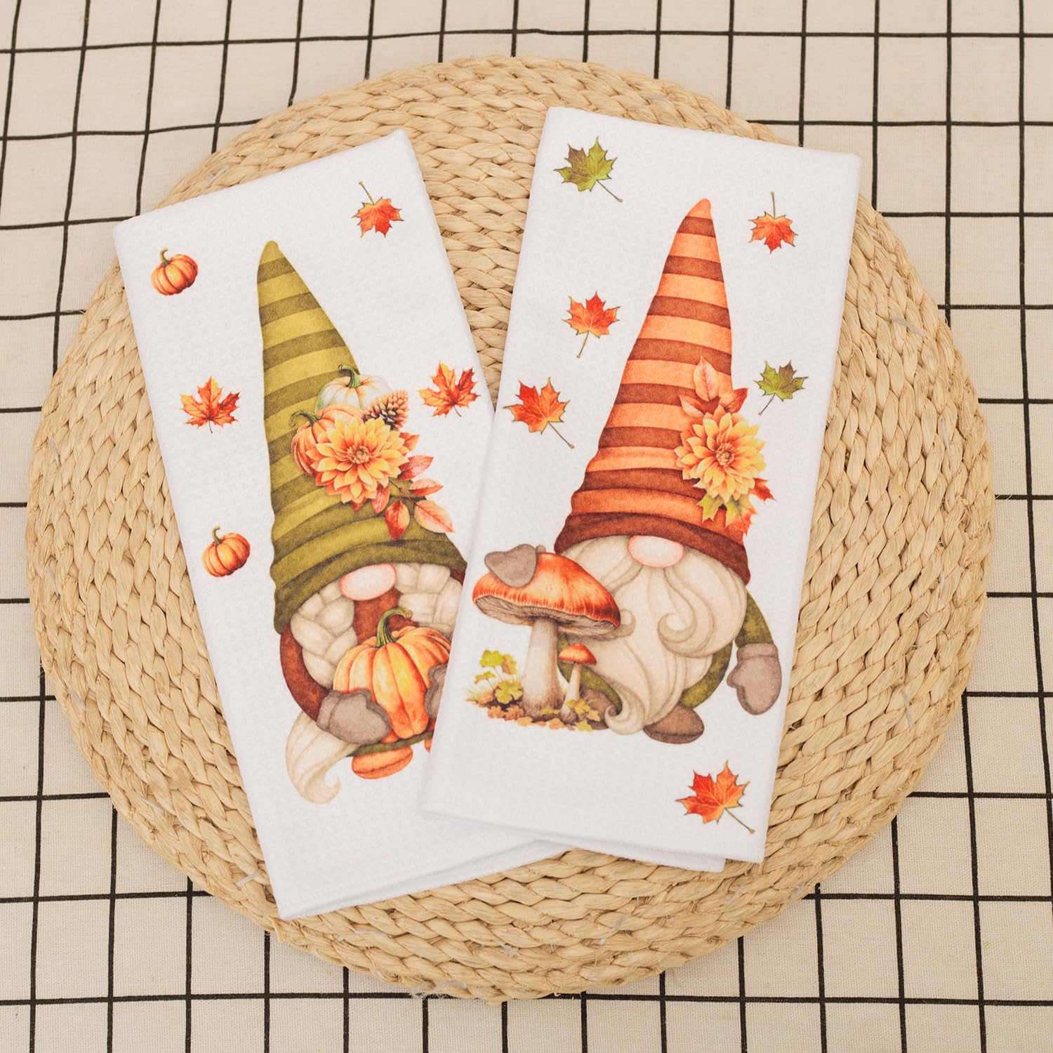 LXOMILL Fall Gnomes Kitchen Towels Set of 2 - Maple Leaf & Pumpkin Print Absorbent Dish Cloths - Cute Gnome Autumn Decor for Thanksgiving & Halloween - Perfect for Holiday Cooking, Baking & Home Decor
