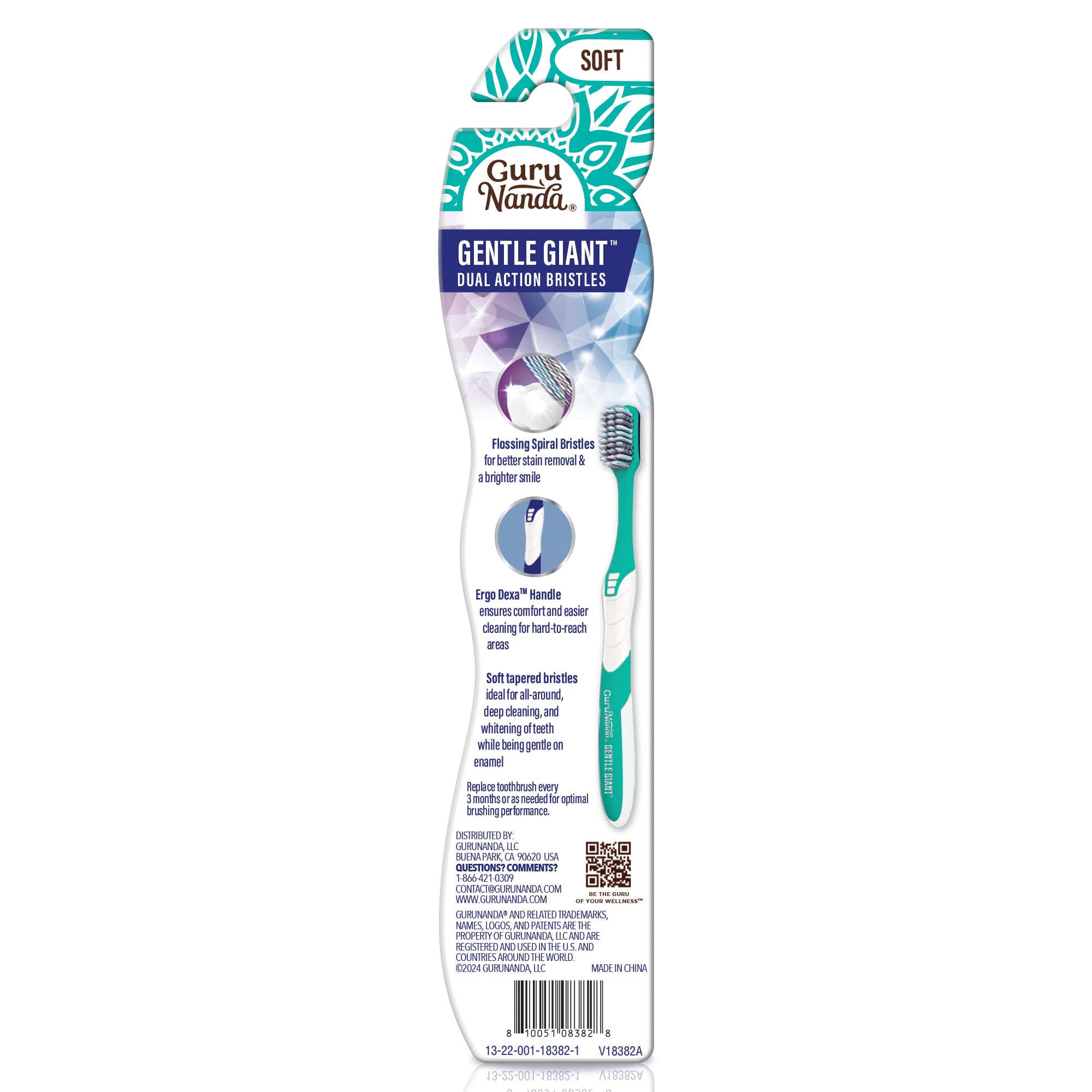 GuruNanda Gentle Giant Toothbrush with Dual Action Flossing Spiral Bristles - Ergonomic Non-Slip Grip for Teeth Whitening & Gum Care - BPA Free (1 Count) - Perfect for Sensitive Teeth & Daily Oral Hygiene Routine