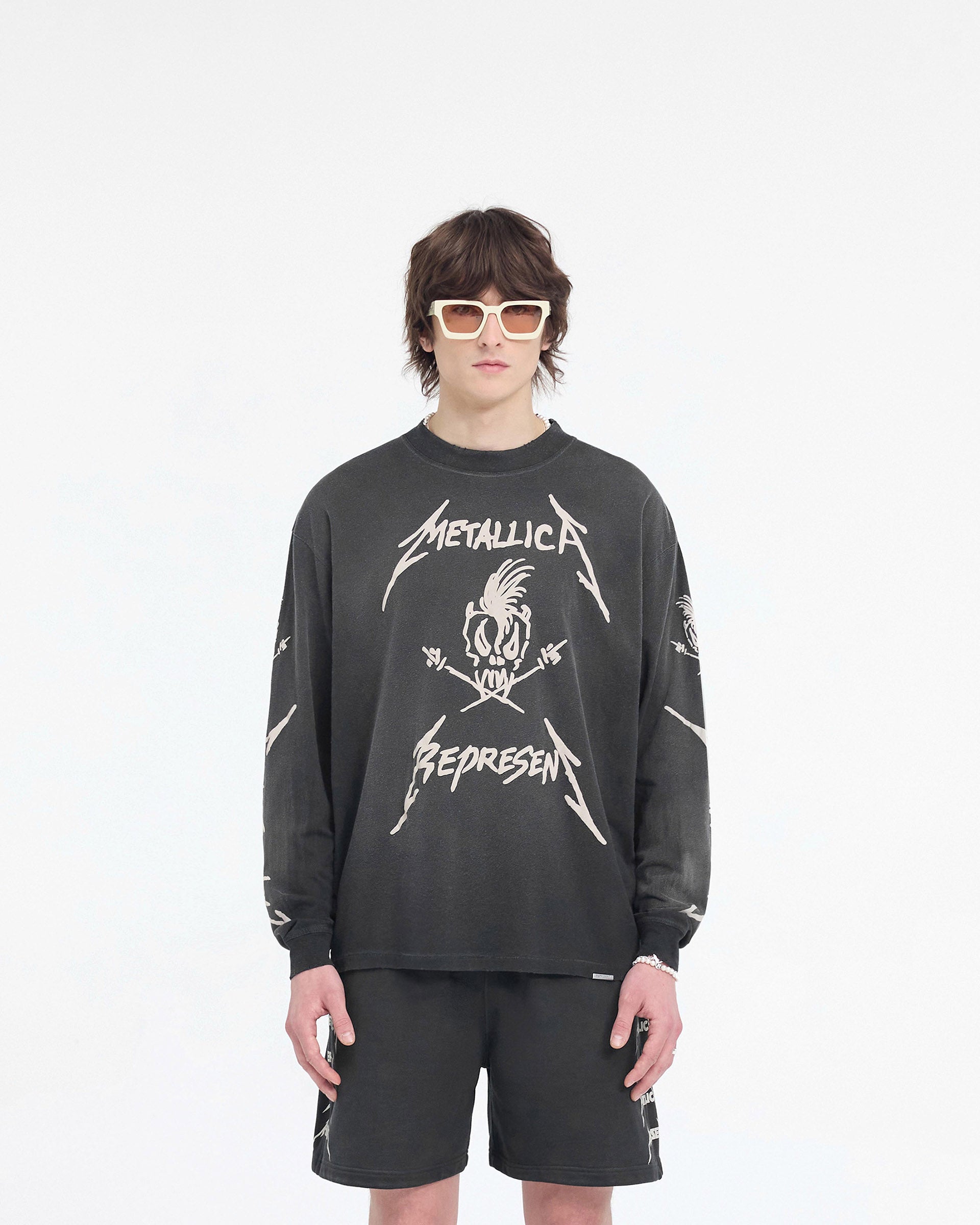 Represent X Metallica Garage Inc Long Sleeve T-Shirt - Stained Black | Vintage Rock Band Graphic Tee for Concerts & Casual Wear