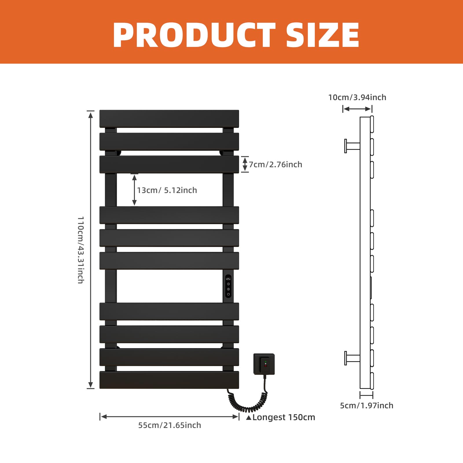 WiFi Electric Heated Towel Warmer Rack 43 x 22 Inches - 410W Wall Mounted with Timer & LED Indicator, Black - Perfect for Bathroom, Spa, Gym & Luxury Home Use