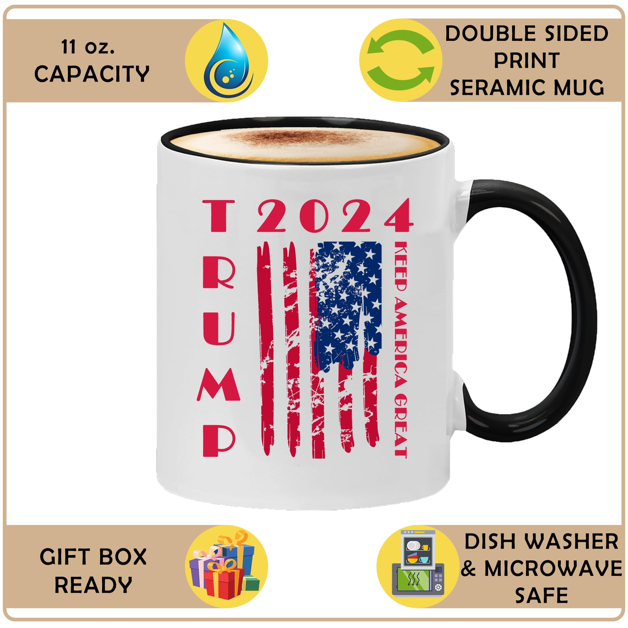 Kropsis Trump 2024 USA Flag Ceramic Coffee Mug - 15oz Black Political Campaign Travel Mug - Perfect for Home, Office & Conservative Gift Giving