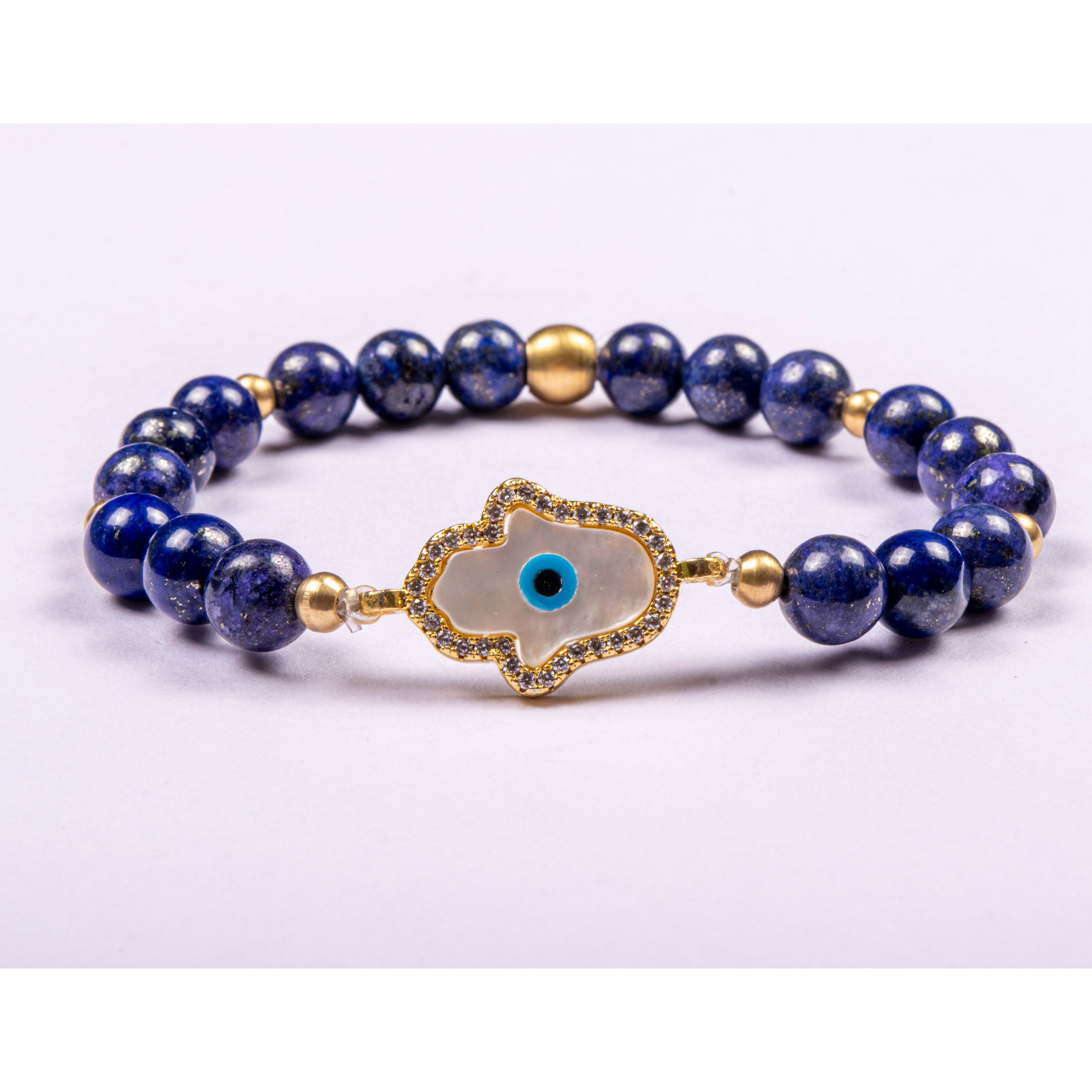 Lapis Hamsa Hand Charm Bracelet - Genuine Lapis Lazuli Beaded Bracelet with Evil Eye Protection - Spiritual Jewelry for Women, Meditation & Good Luck Gift